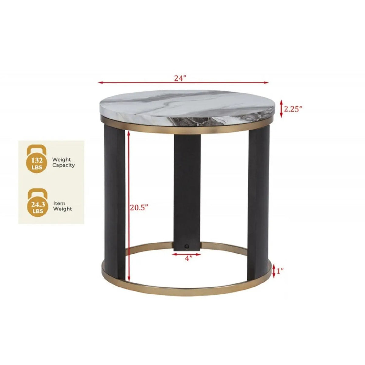 Round End Table | Faux Marble Top | Gold Metal Frame | Ivory Finish