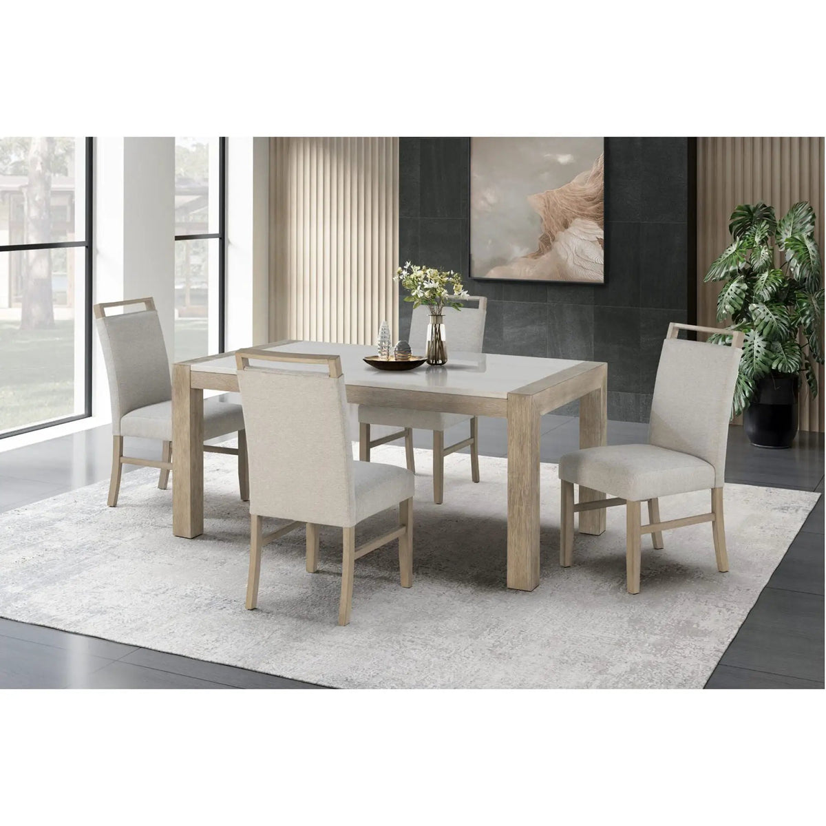 Dining Table And Chair Set | Real Marble | Beige Upholstery