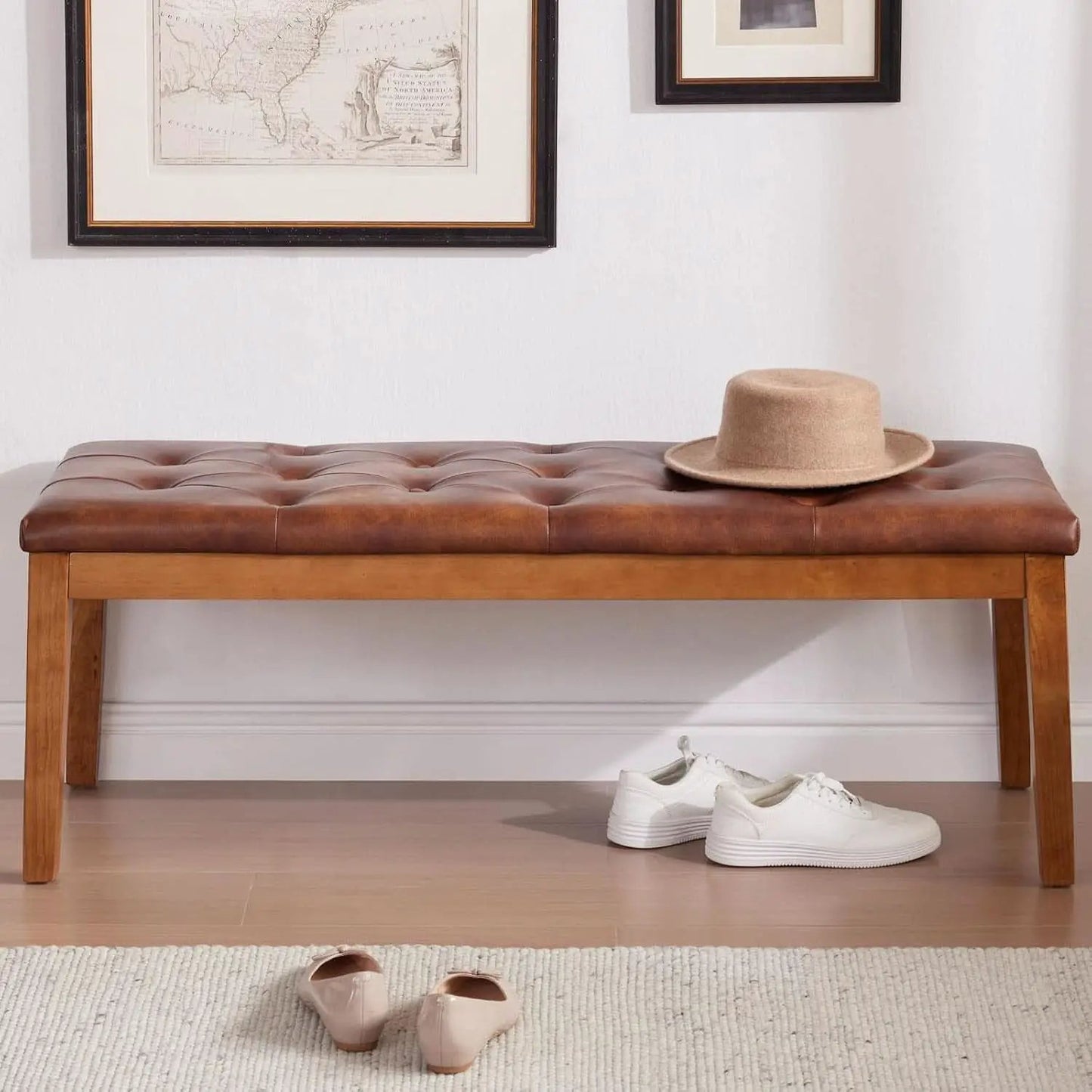 Oversized Brown Faux Leather Upholstered Ottoman Bench from PriceLows™