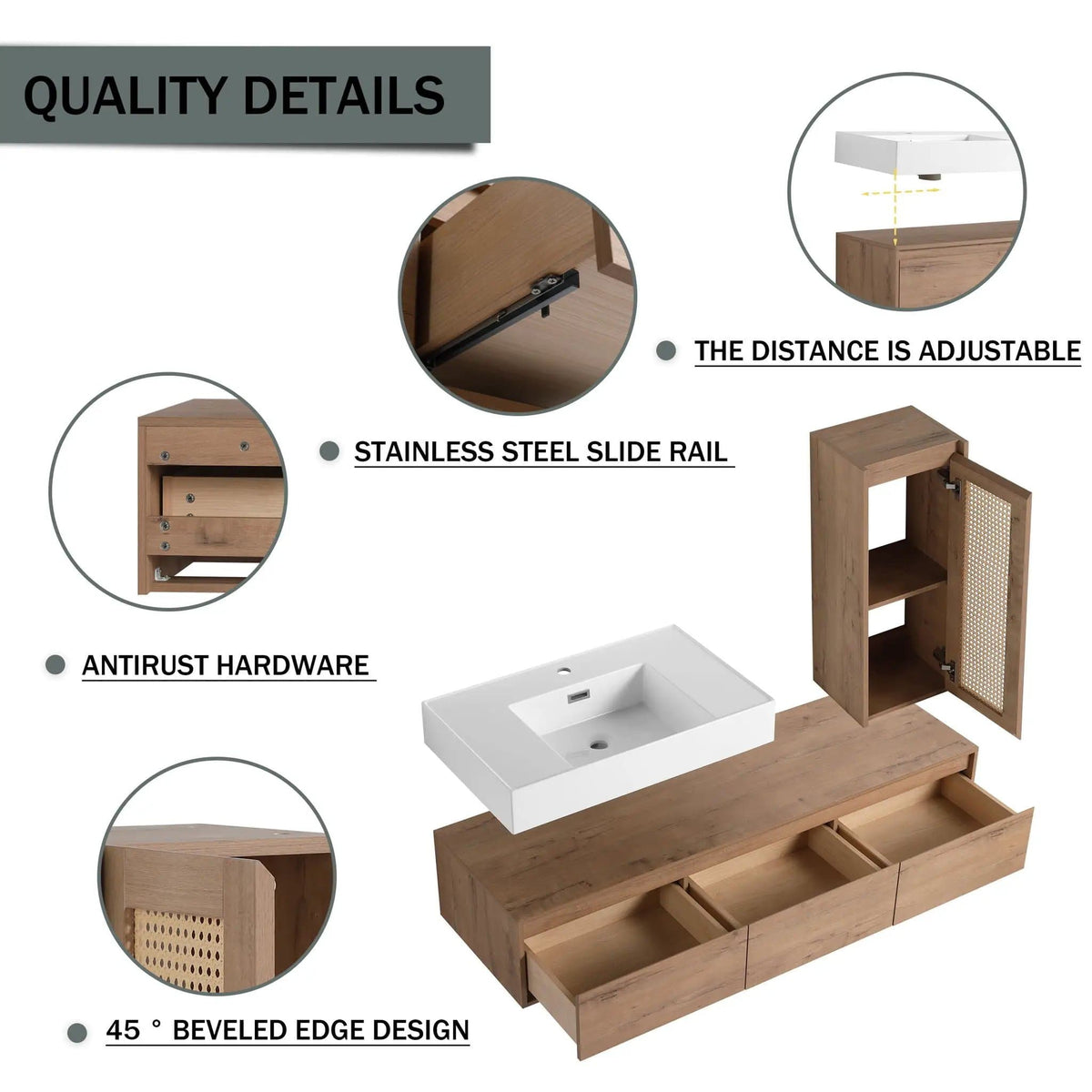 Modern Imitative Wall Mounted Bathroom Vanity With Resin Sink And Side Cabinet | 2 Pieces | Plywood & Resin | Bathroom
