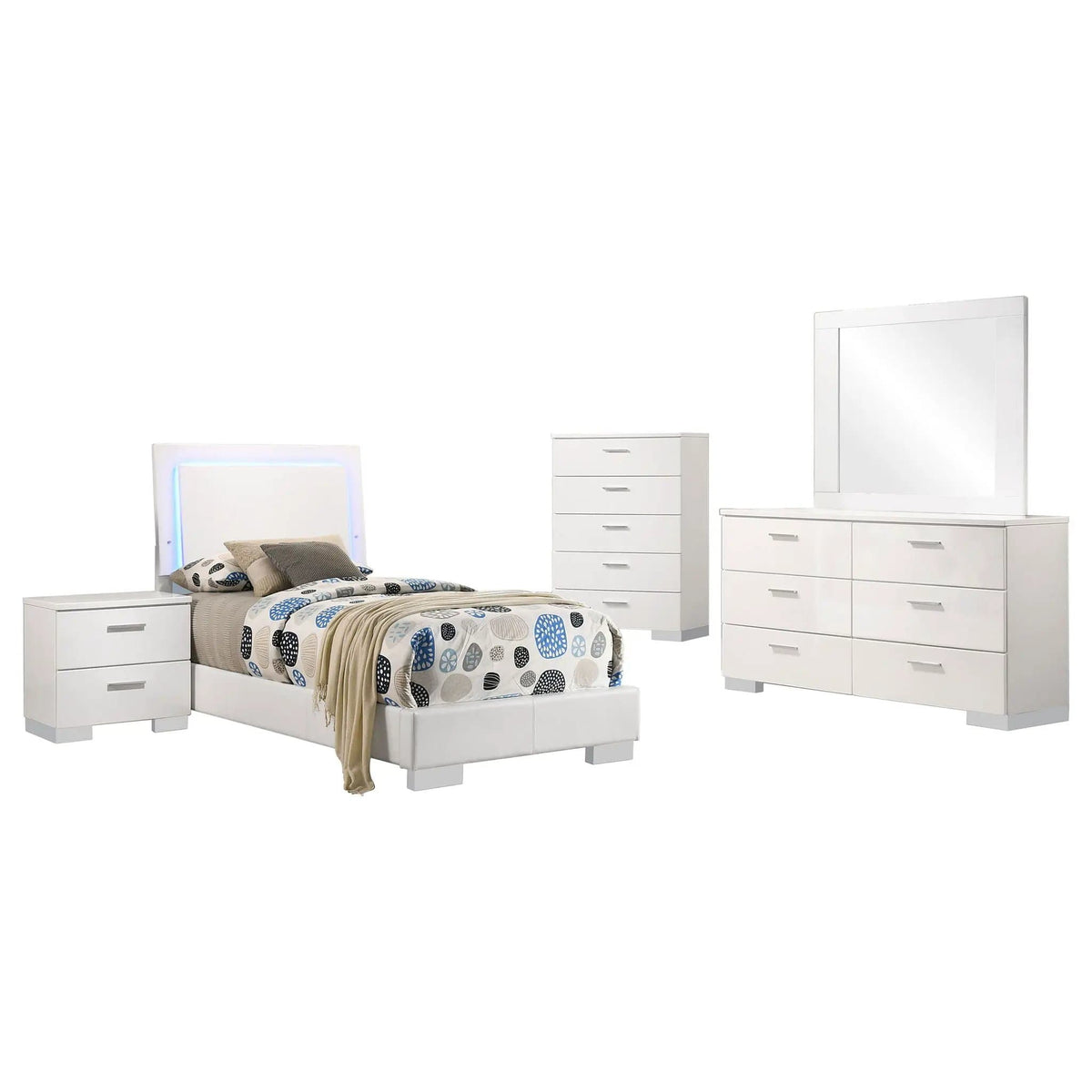 Felicity 5-piece Twin Bedroom Set White High Gloss | 5-Piece Set | Faux Leather & Metal | Bedroom