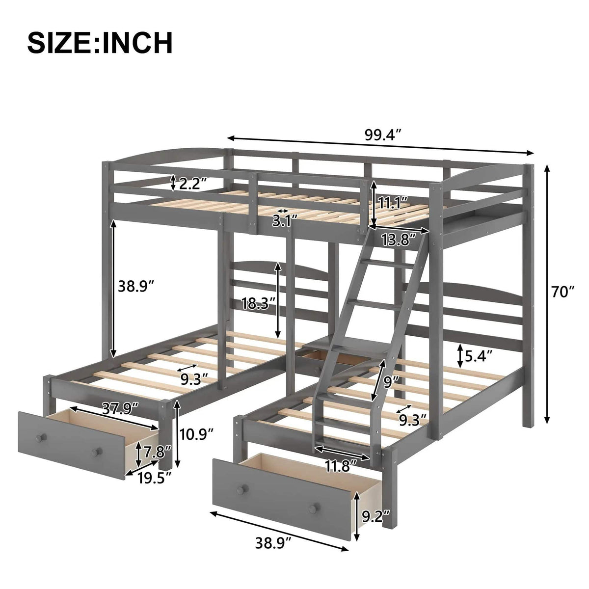 Full Over Twin & Twin Bunk Bed, Triple Bunk Bed With Drawers - | Bunk Bed | Pine Wood & Mdf | Gray