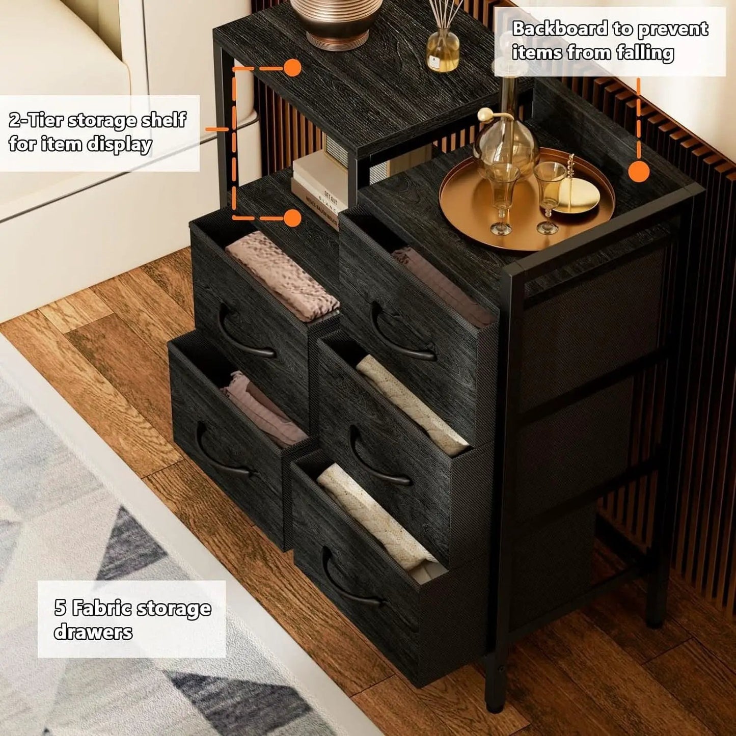 Black Dresser With Five Drawers And Two Shelves Storage from PriceLows™