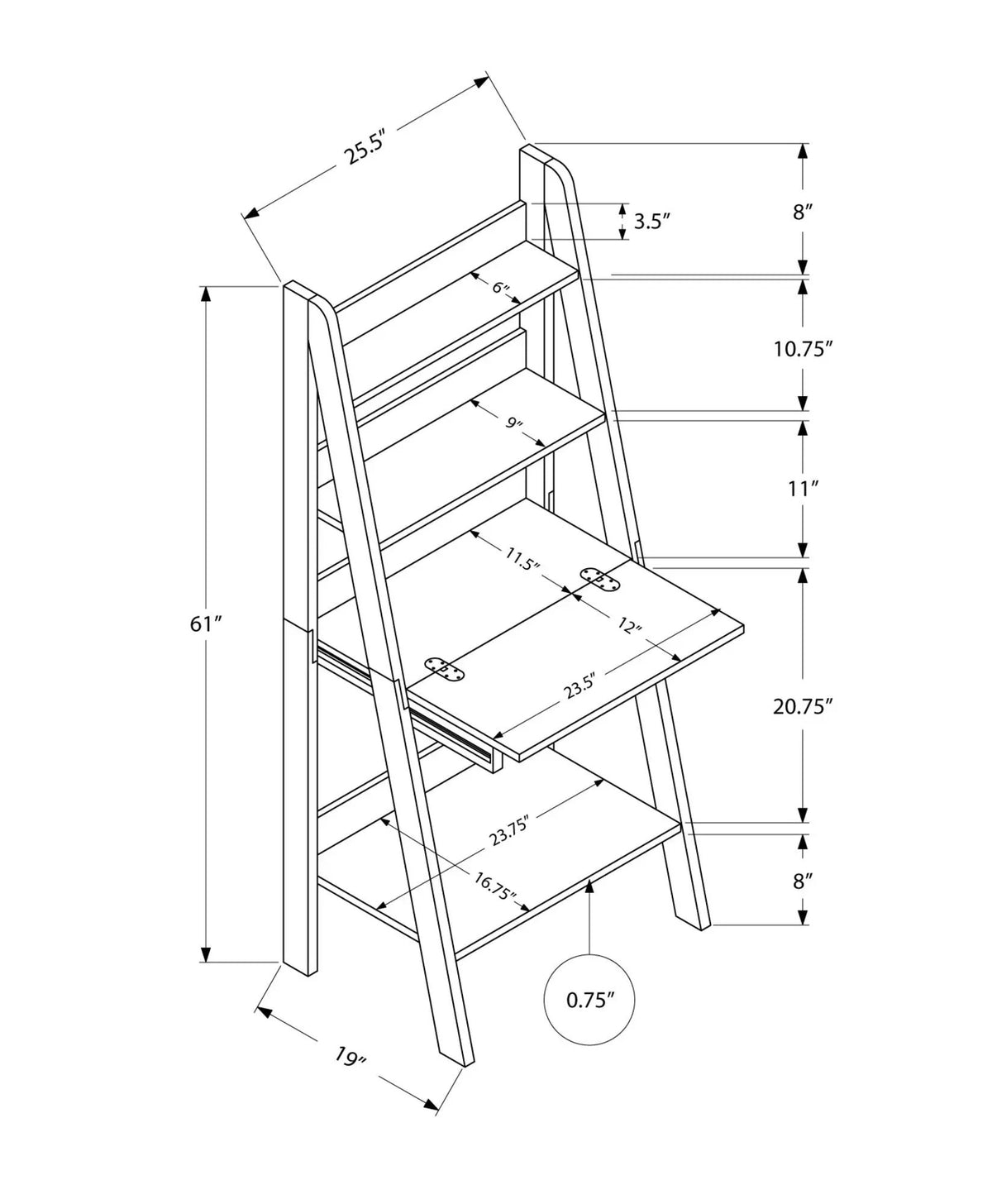 Ladder Style Leaning Desk | 61 Inch Height | Closed Storage Area | Storage Shelves