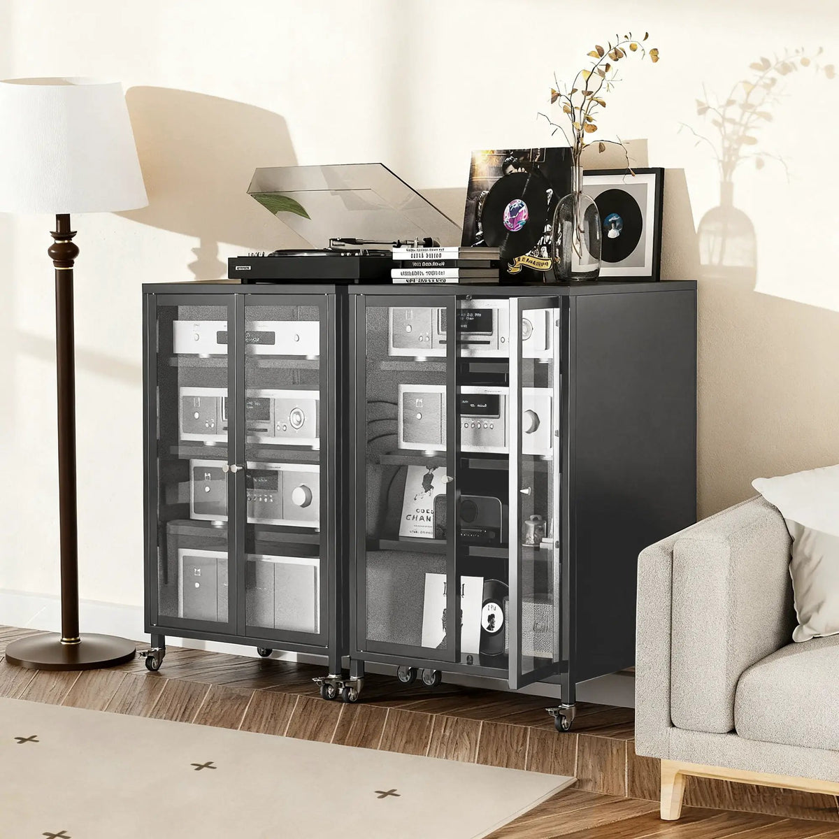 Media Storage Cabinet With Wheels | 4 Adjustable Glass Shelves | Dust-Proof Tempered Glass Door | Black