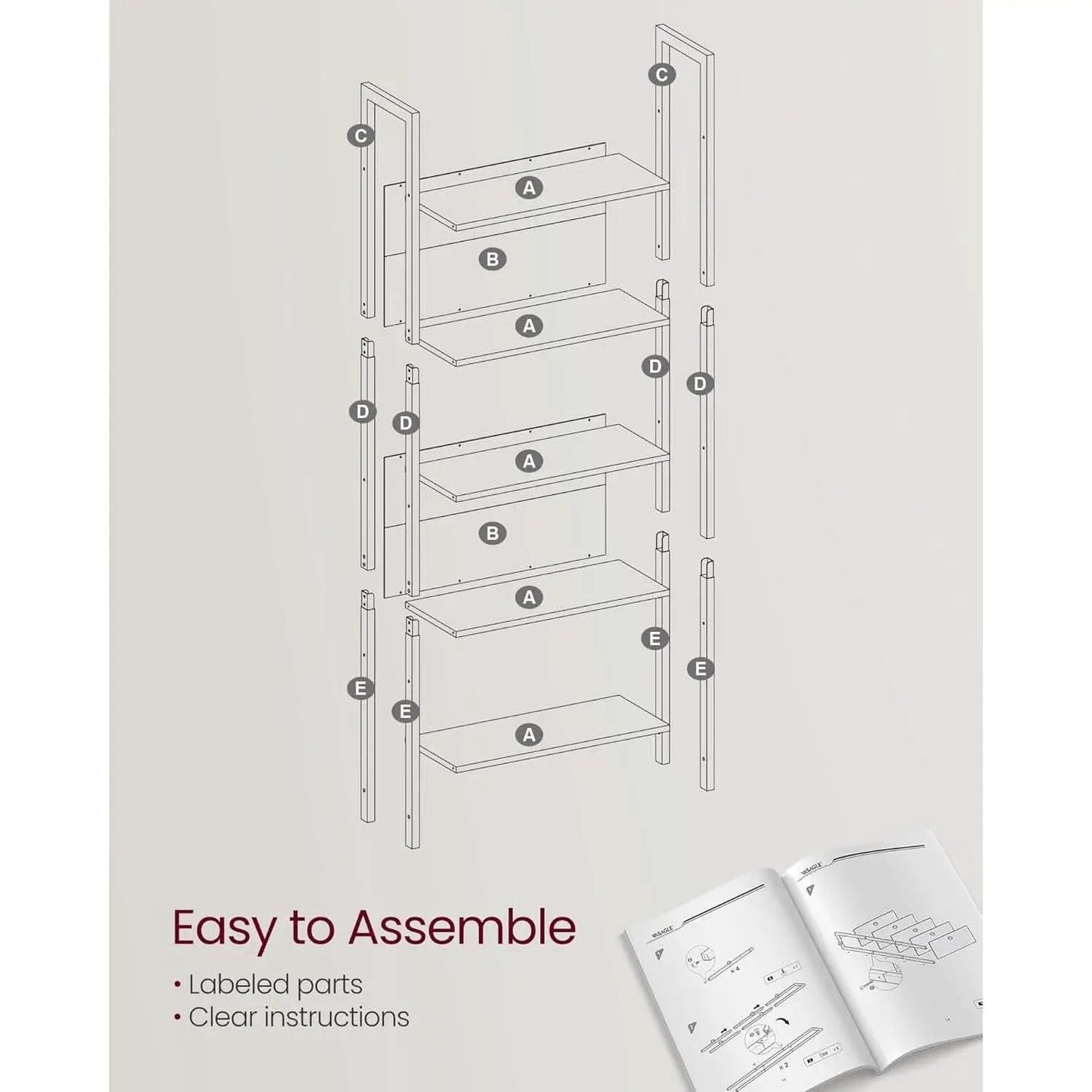5 Tier Bookshelf Steel Frame 9.4Dx24.4Wx65H Greige Black from PriceLows™