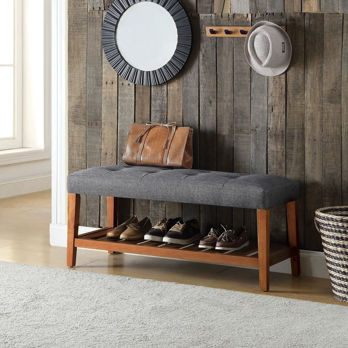 Charla Upholstered Bench | Tufted Fabric Seat | Oak Color Scheme | Armless Rectangular Design