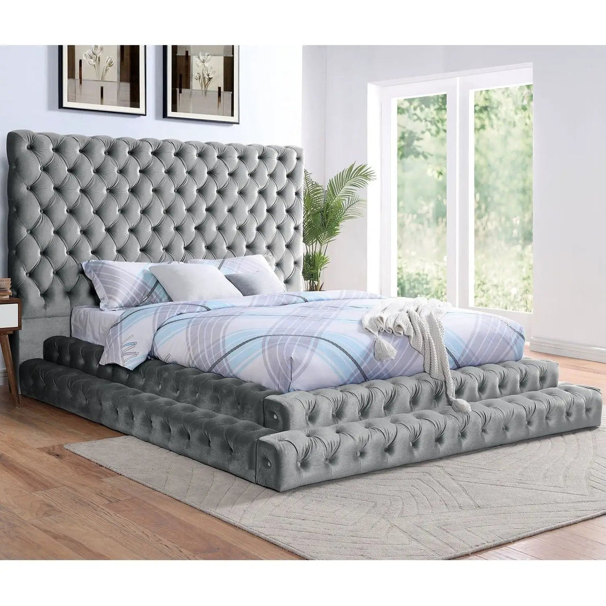 Tufted Platform Bed | Oversized Headboard | Fully Upholstered Frame | Glam Design