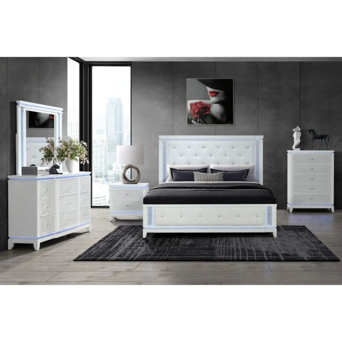 Adalid Contemporary Bed With LED Lights | 3 Pieces | Fabric & Wood | Bedroom