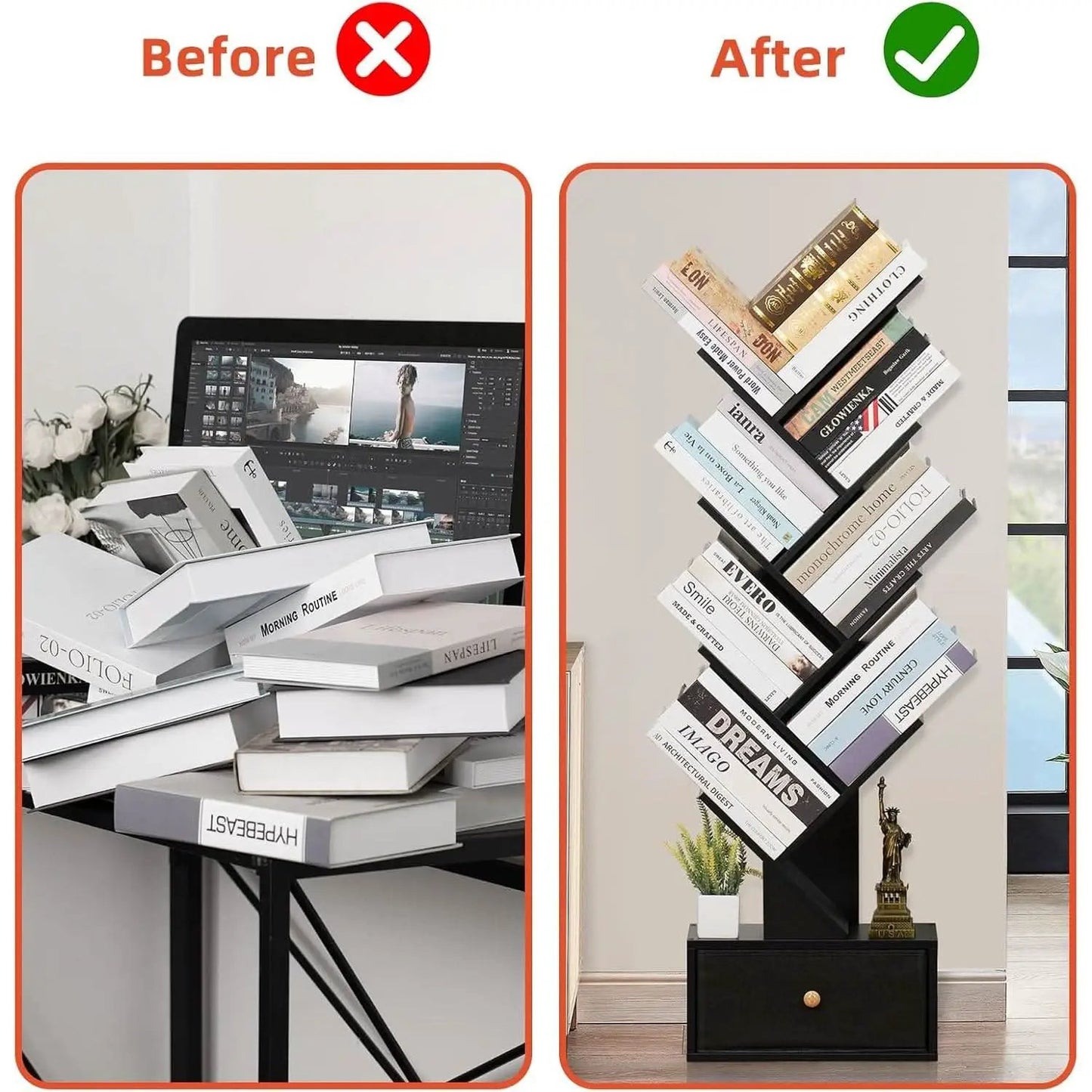 8 Tier Tree Bookshelf Drawer Freestanding Black Bookcase from PriceLows™