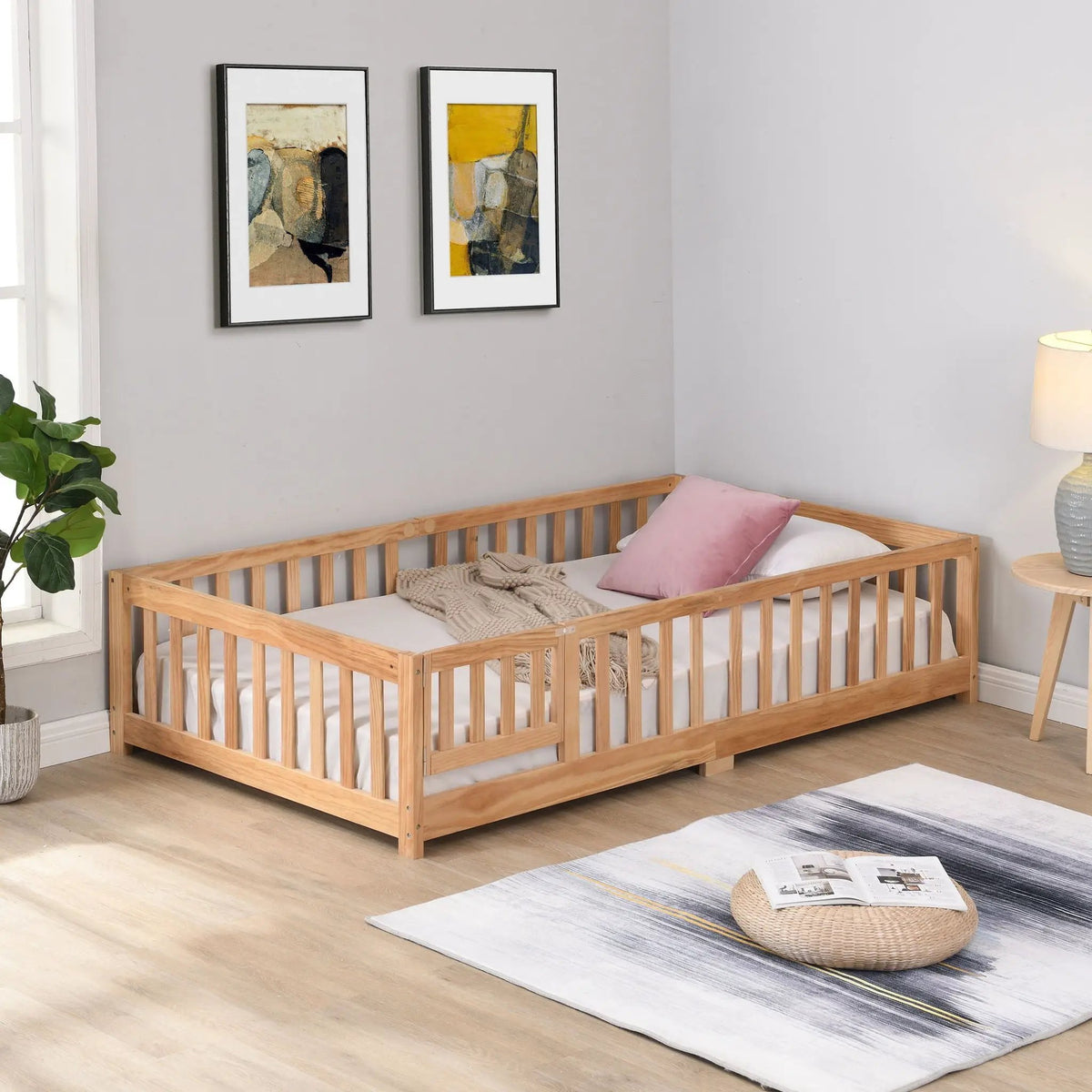 Floor Bed | Solid Wood | Safety Guardrails | Toddler Size