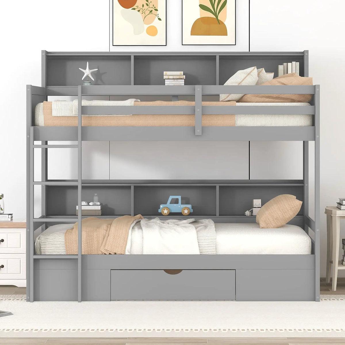 Wooden Twin Bunk Bed | Built-In Shelves | Storage Drawer