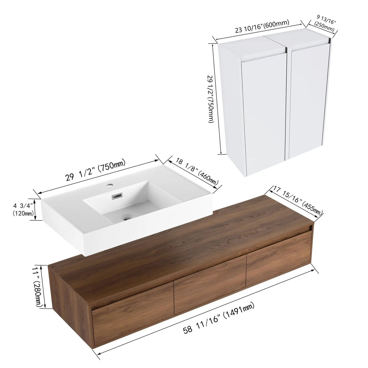 Wall Mounted Bathroom Vanity With Resin Sink And 2 Side Cabinet, 3 Soft Close Drawer | 58.7 x 18.1 x 15.8 in | Plywood & Resin | Bathroom
