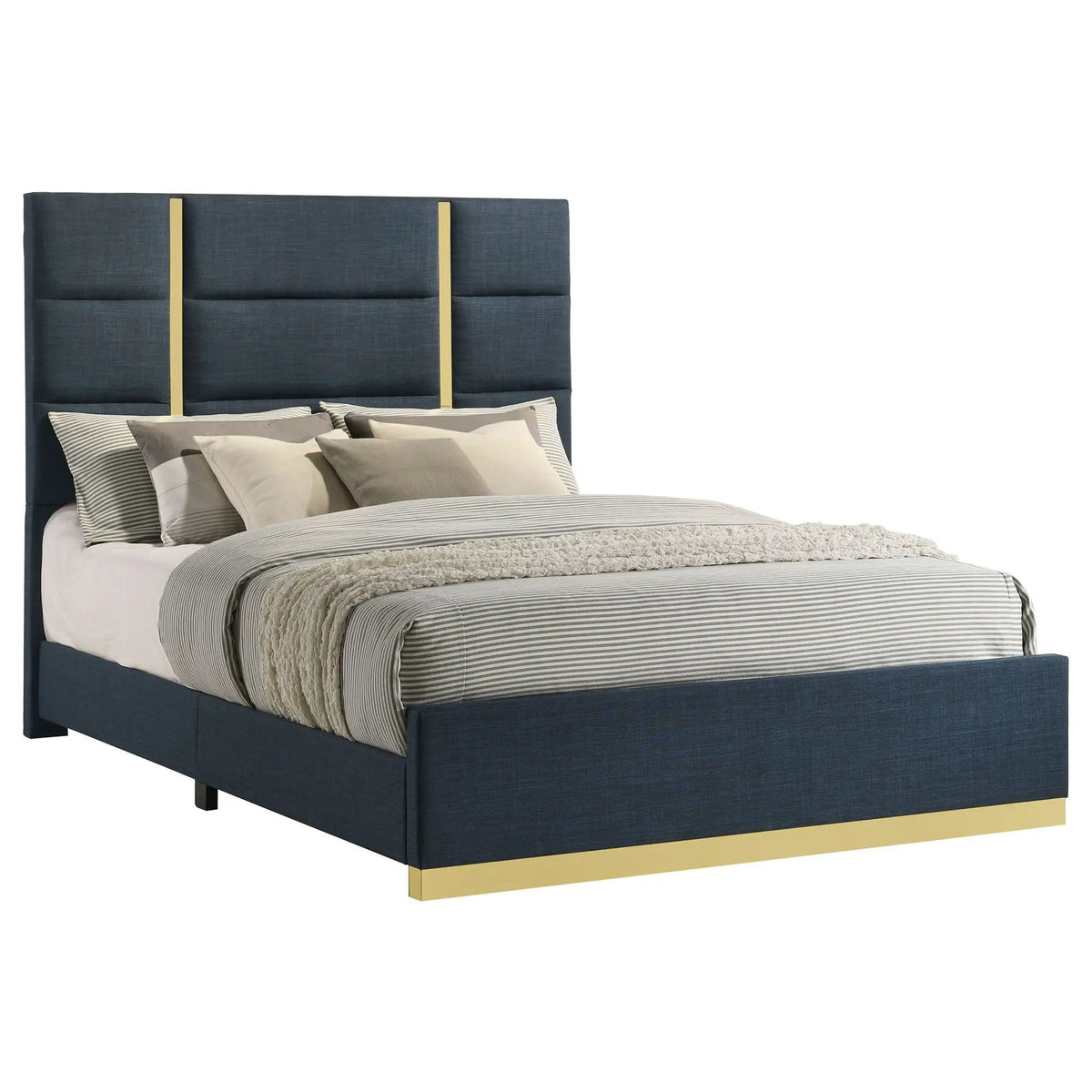 Ines 56-inch Fabric Upholstered Queen Panel Bed | 64.25 x 87.25 x 56.25 in | Fabric & Acrylic | Navy