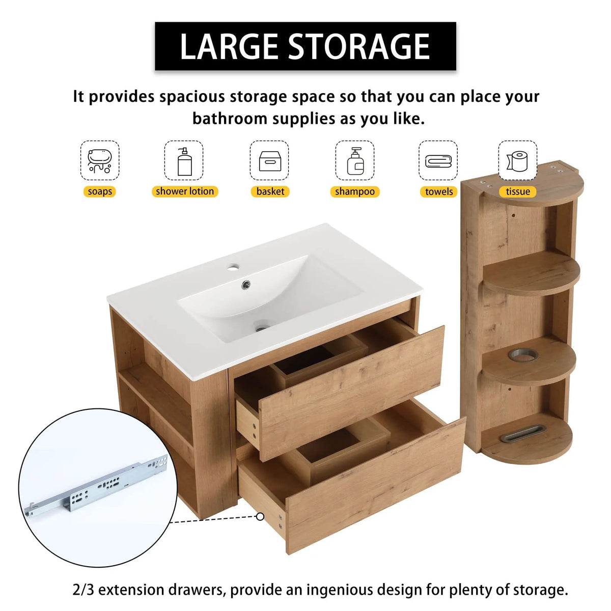 Modern Wall Mounted Bathroom Vanity With Ceramic Sink And Storage Rack, 2 Soft Close | 2 Pieces | Ceramic & Plywood | Bathroom