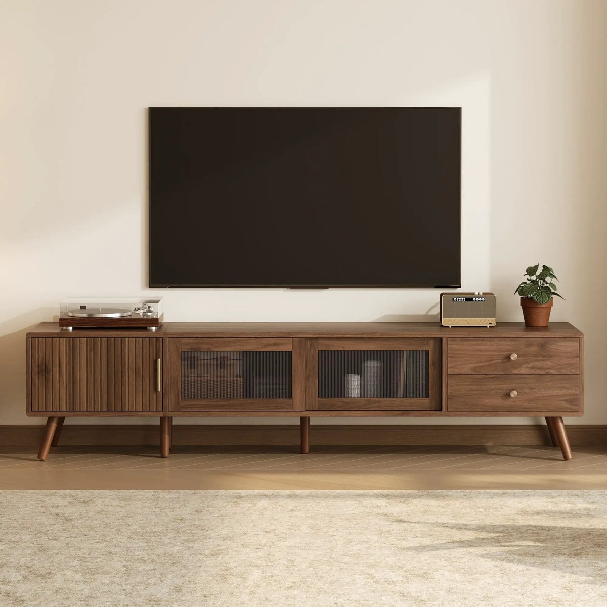 TV Stand | Fits 85 Inch TV | Tempered Glass Doors | Natural