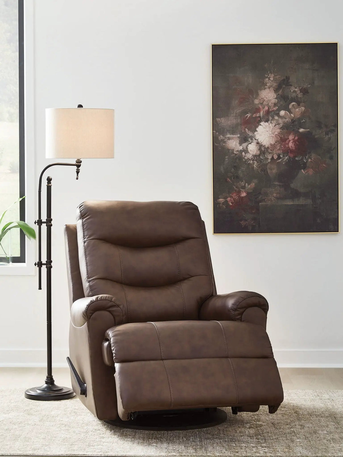 Flynwood Swivel Glider Recliner | Butternut Leather And Faux Leather | Pillow Top Arms | High Back