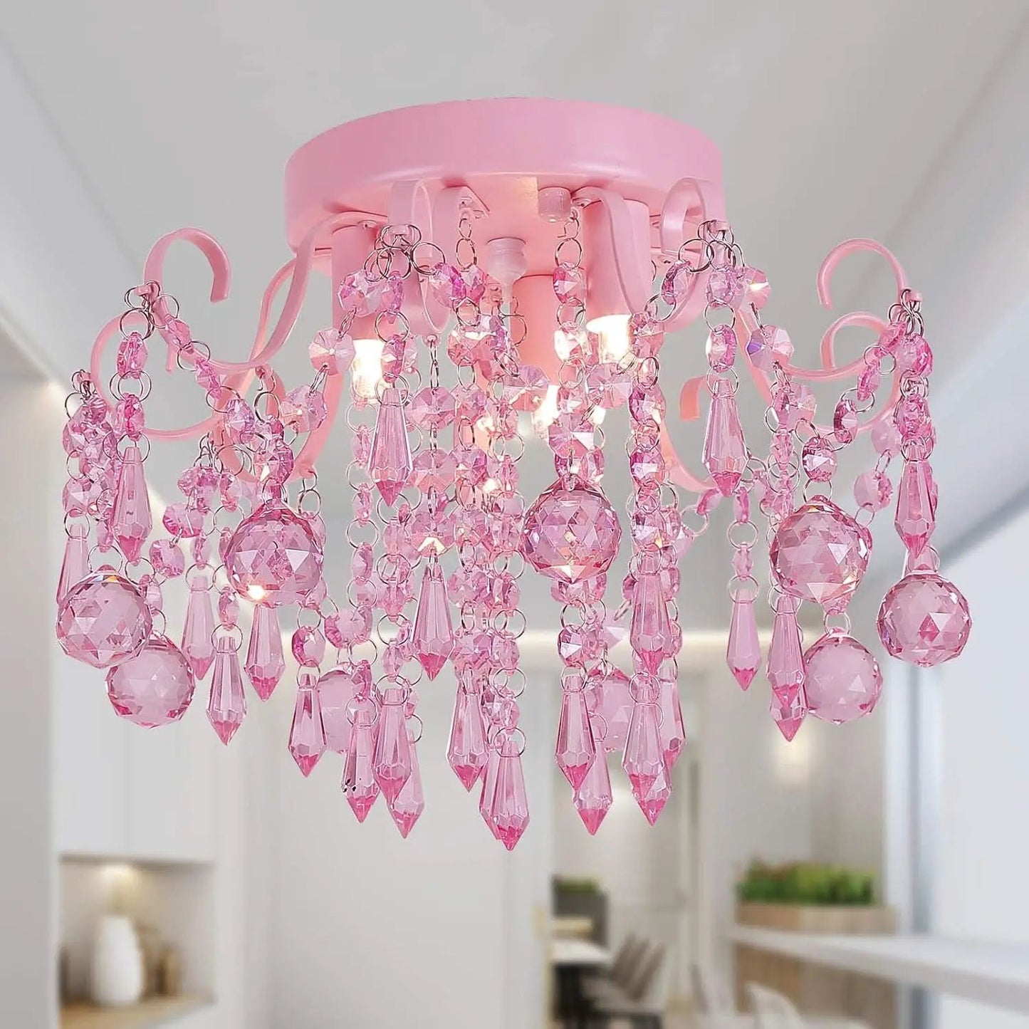 Pink Crystal Mini Chandelier 3 Light Semi Flush Mount from PriceLows™
