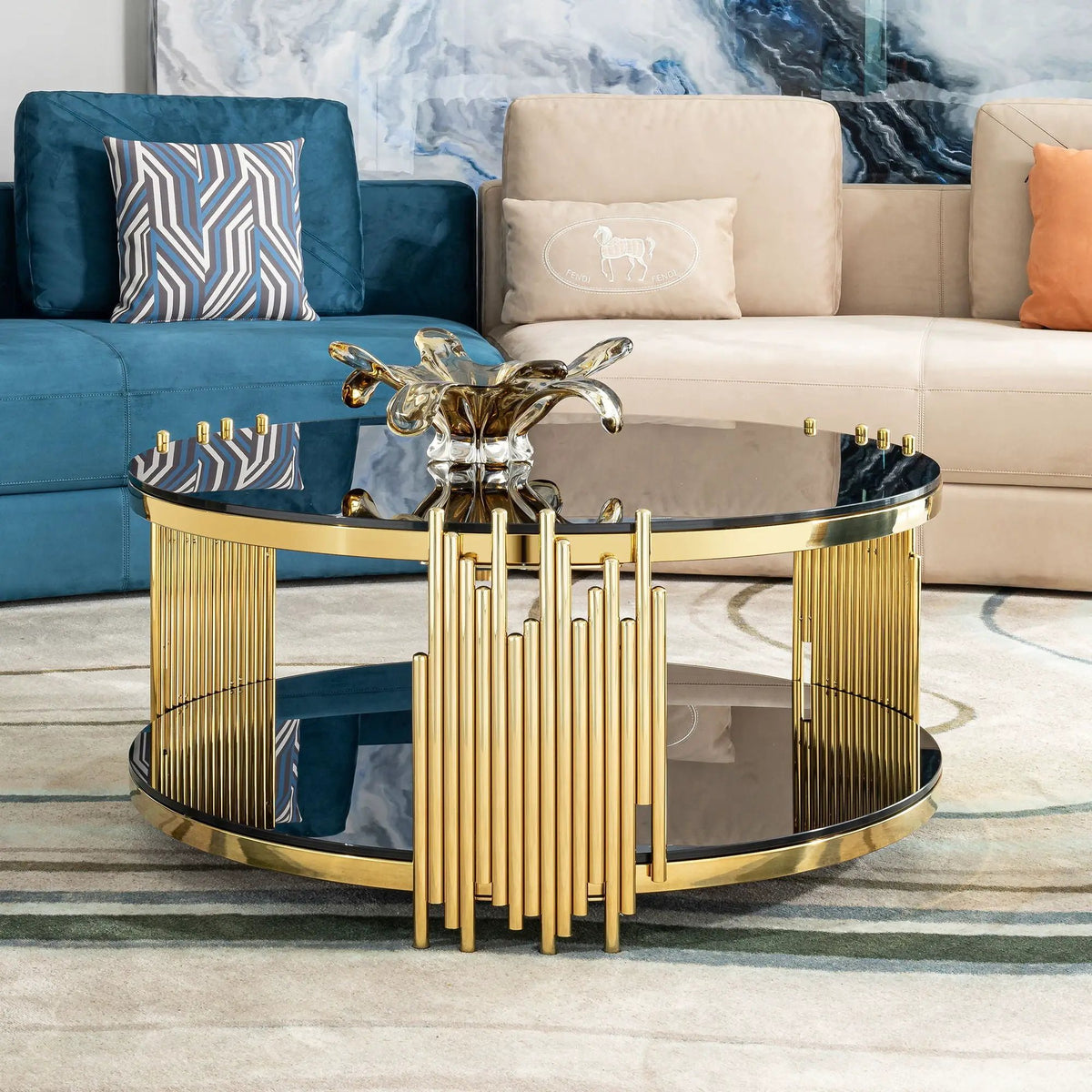 Round Side Table | Double Layer Tempered Glass Top | Mirror Finish Stainless Steel Frame | 21.65 Inch Height