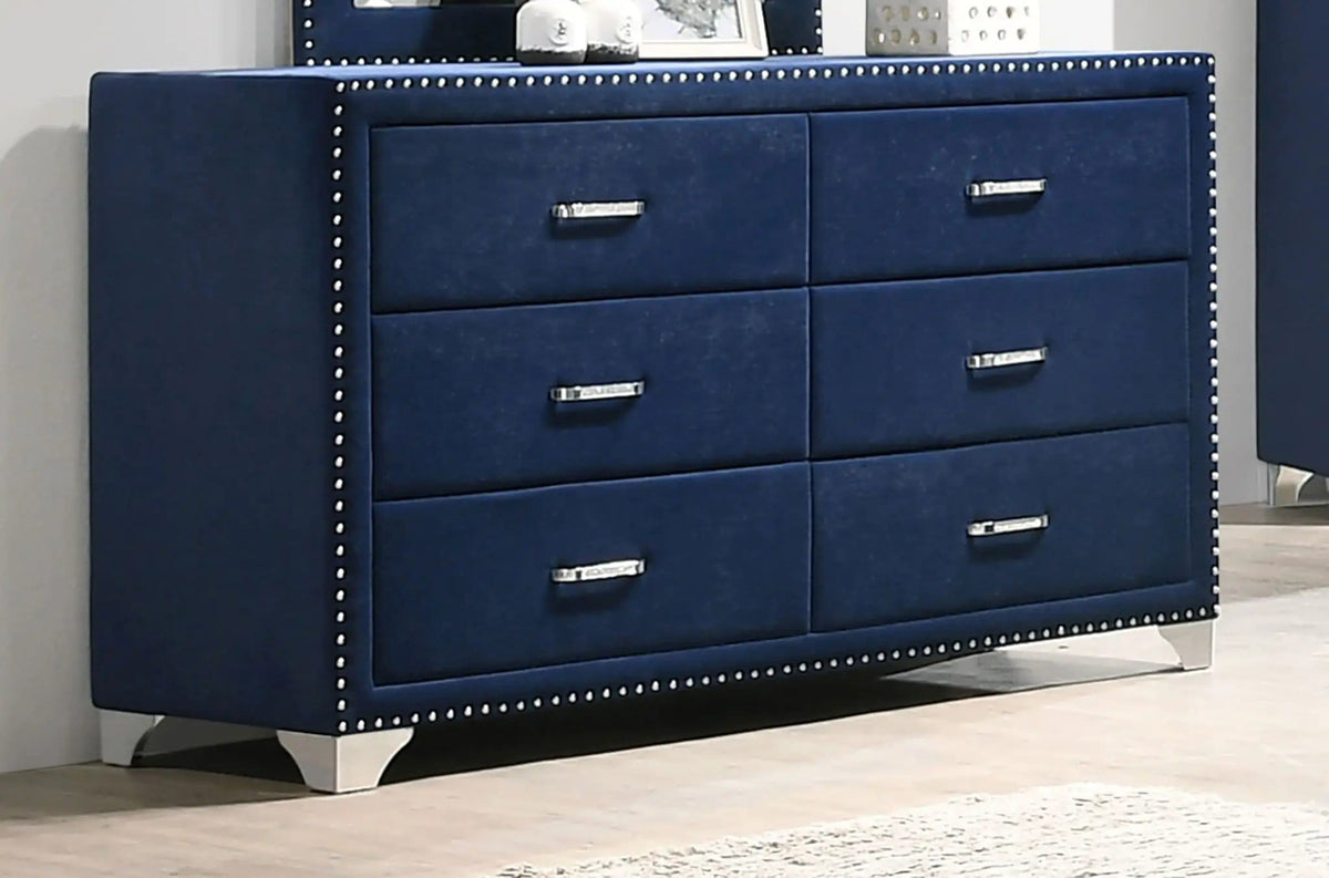 Melody 6-drawer Upholstered Dresser Pacific | 60 x 20.75 x 35.25 in | Velvet & Metal | Blue