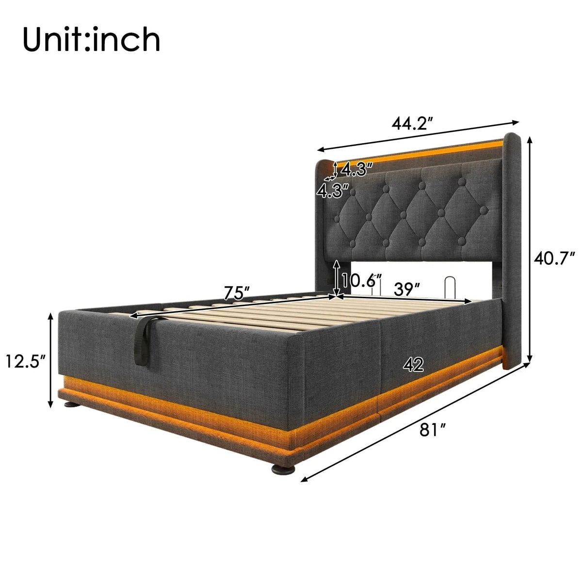 Upholstered Bed, 360 Surround LED Function, Remote Control, Hydraulic Storage Bed | 8 Pieces | Fabric & Iron | Bedroom
