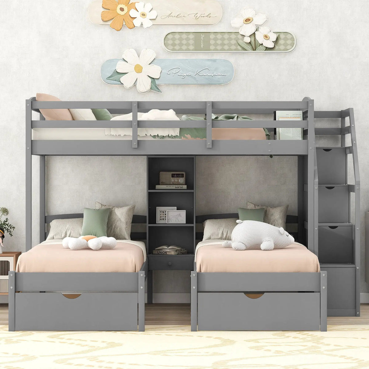 Twin Over Twin And Twin Bunk Bed | Drawers And Staircase Storage | Built-In Shelves | Gray
