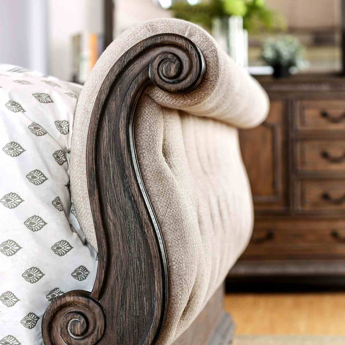 Sleigh Bed | Button Tufted Fabric Headboard | Footboard | Rustic Natural Tone