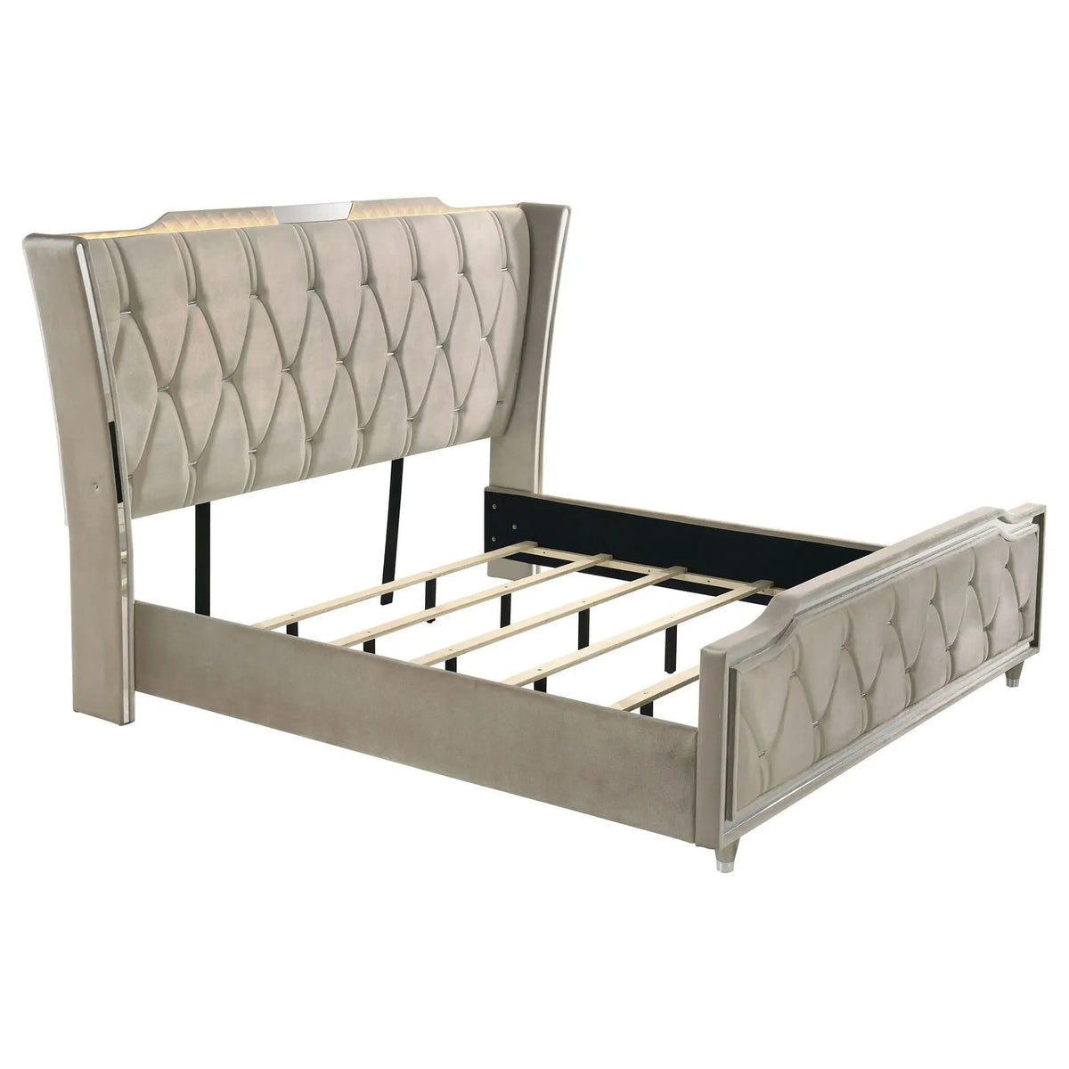 Lorient 4-piece Eastern King Bedroom Set Ivory and Camel | 4-Piece Set | Velvet & Tempered Glass | Bedroom