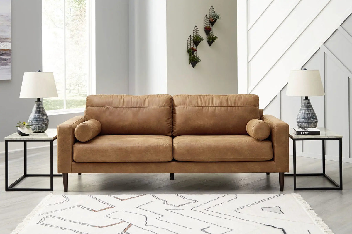Living Room Set | Caramel Faux Leather | Retro Contemporary Style | Small Scale