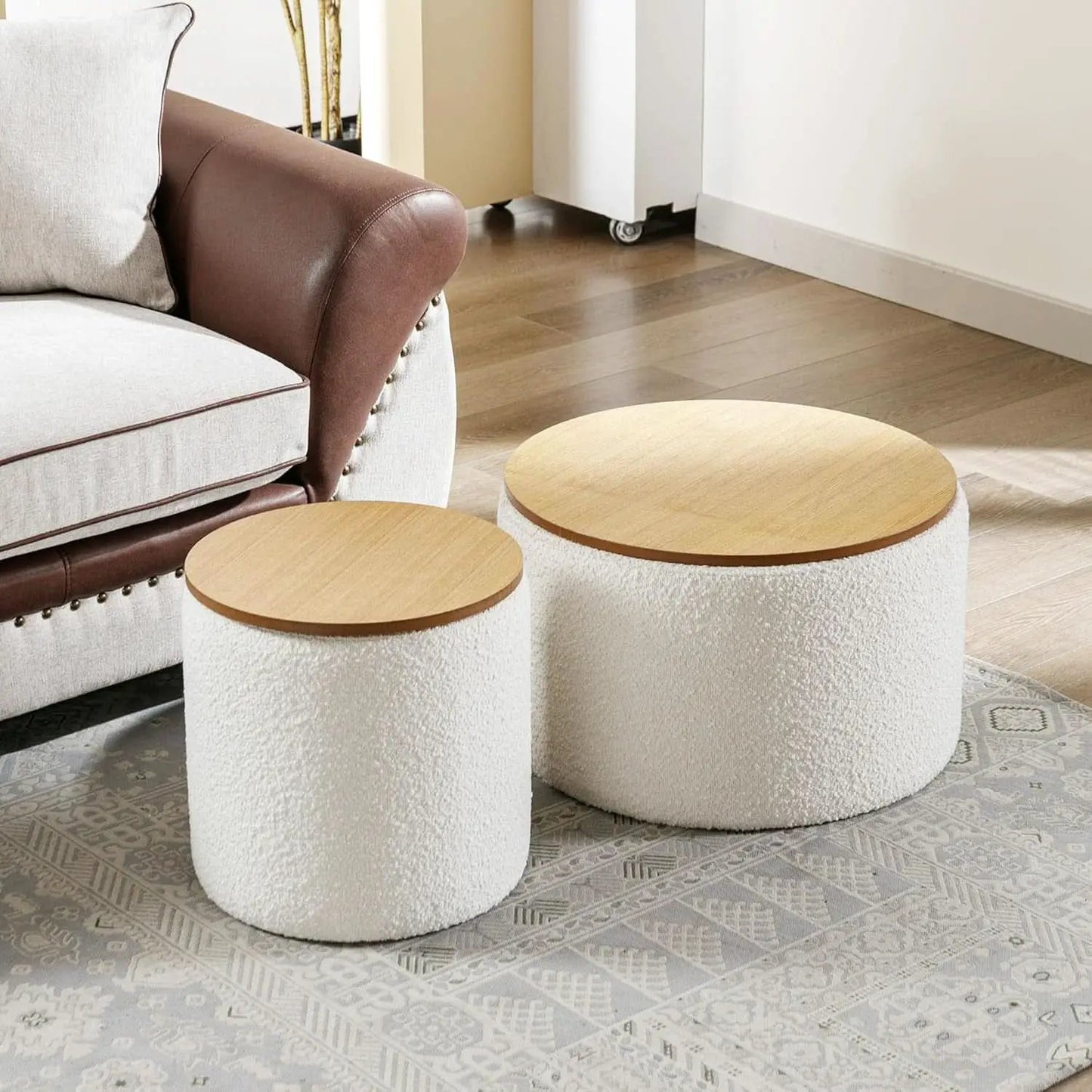 Circular Storage Ottoman Sixteen Inch White Boucle from PriceLows™