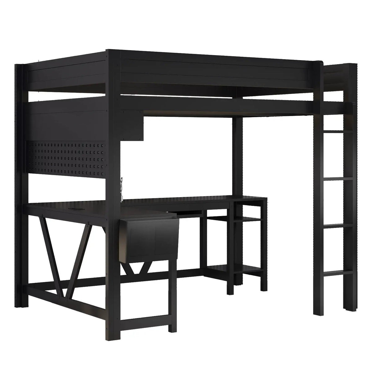 Gaming Loft Bed With Desk | Open Shelf And Fabric Storage Bag | Adjustable LED | Charging Station