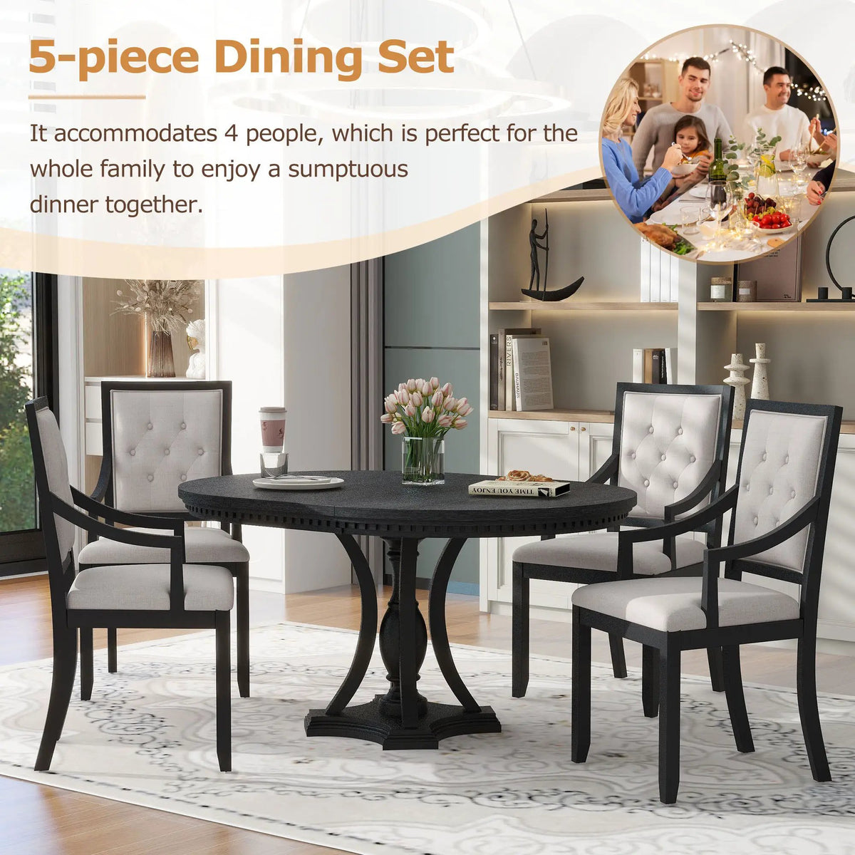 5 Piece Dining Set | Extendable Round Table | Oak Veneer | Black And Oak