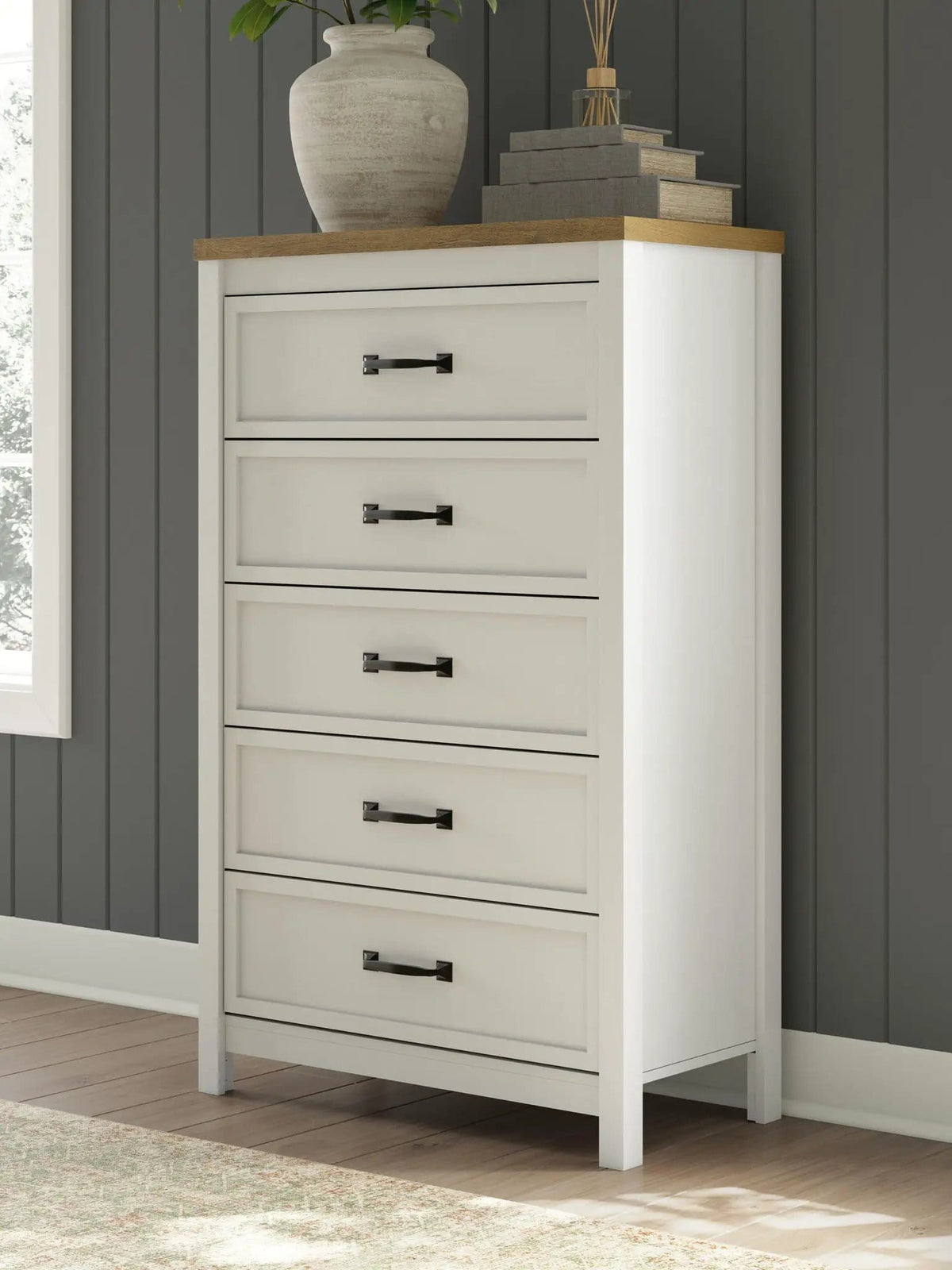 Kerisden Five Drawer Chest | 31.14 x 15.63 x 50.28 in | Engineered Wood & Mdf | White / Brown