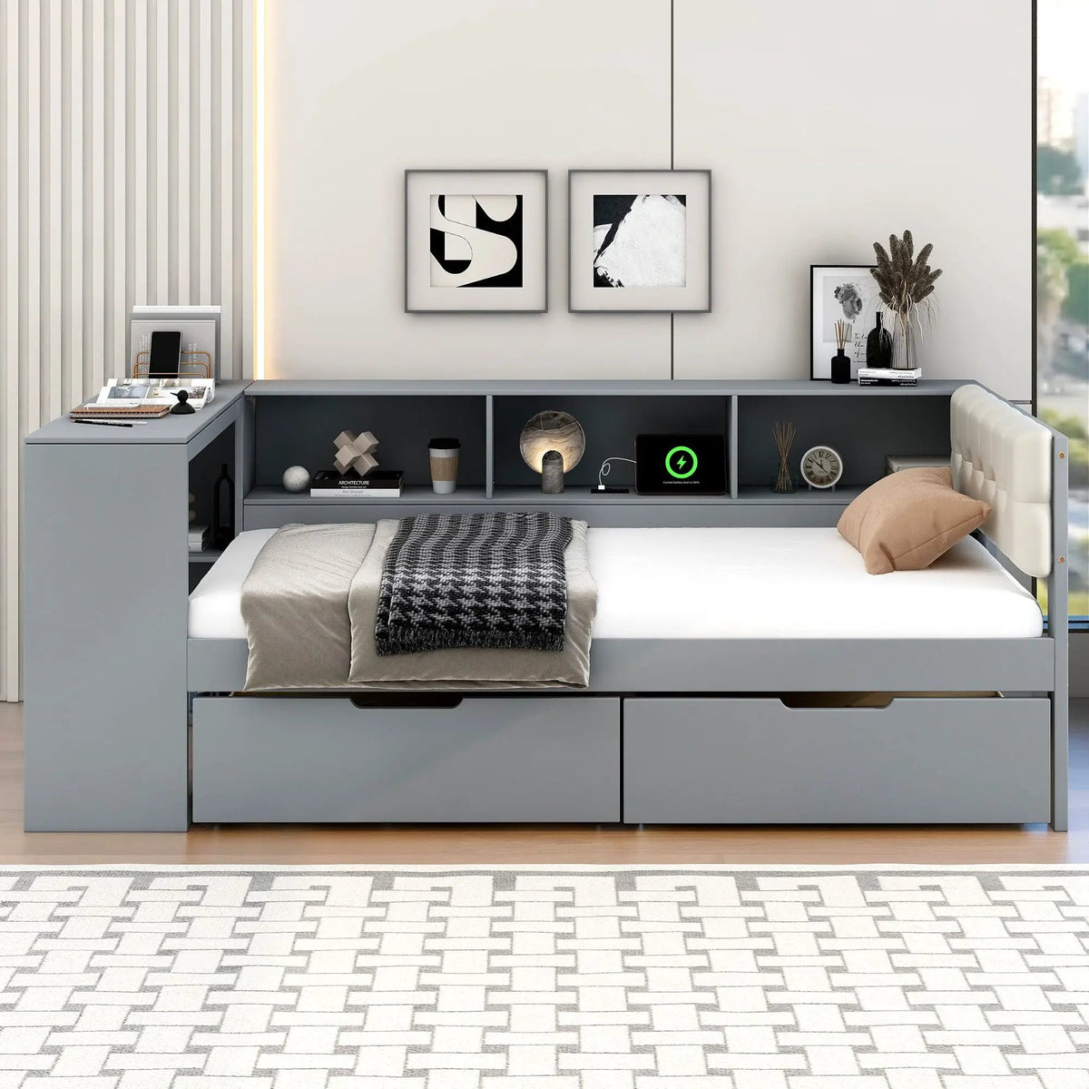 Upholstered Headboard Platform Bed | Storage Shelves | Two Drawers | Charging Station