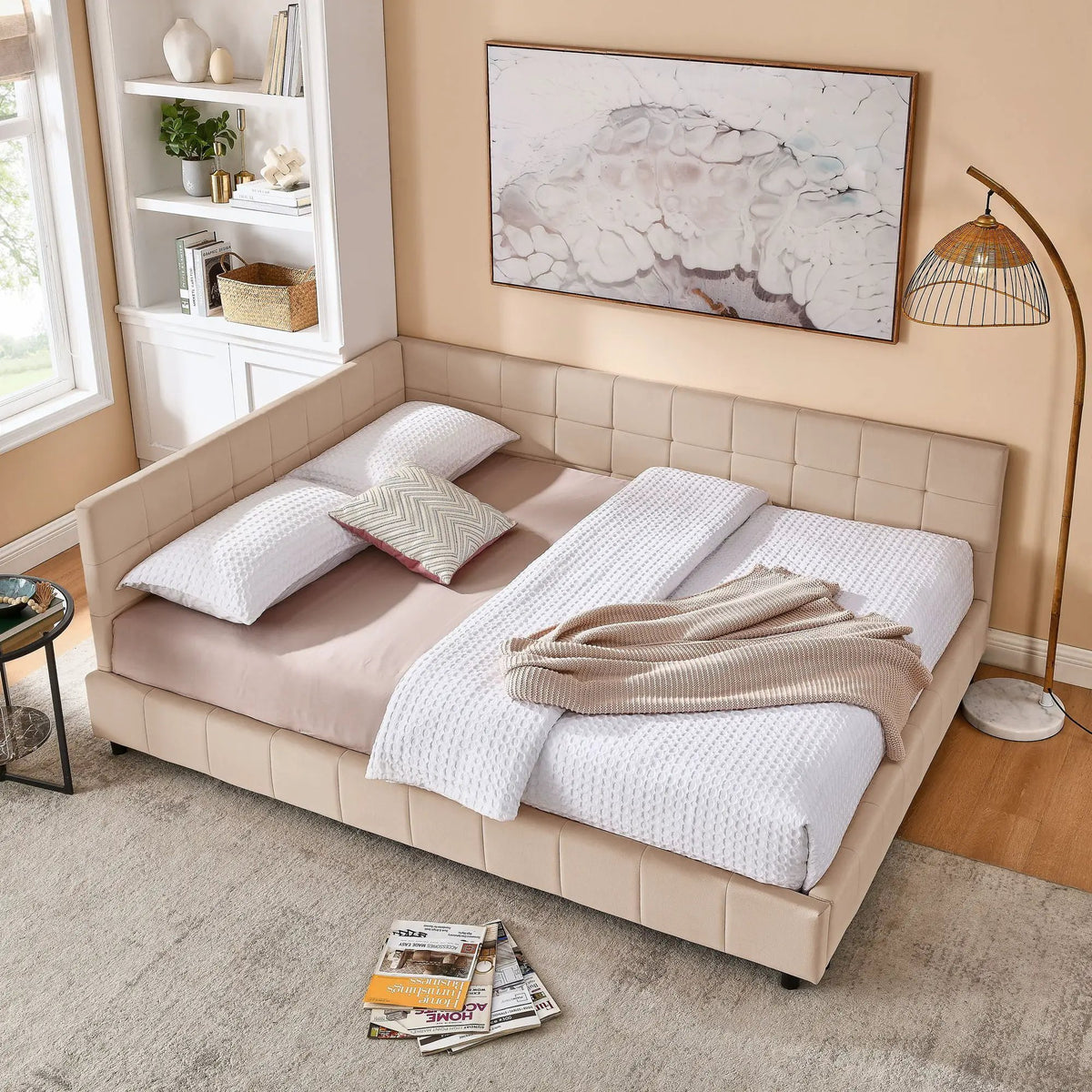 Mid-Century Storage Bed Frame | Upholstered Tufted Design | Backrest And Armrests | Bed Or Sofa Use