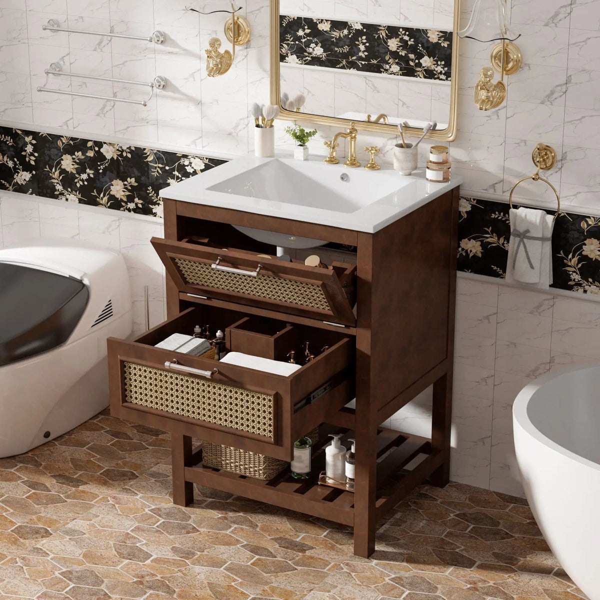 Modern Bathroom Vanity With Integrated Sink, Cabinet With 1 Deep Drawer And 1 | 2 Pieces | Solid Wood & Rattan | Bathroom