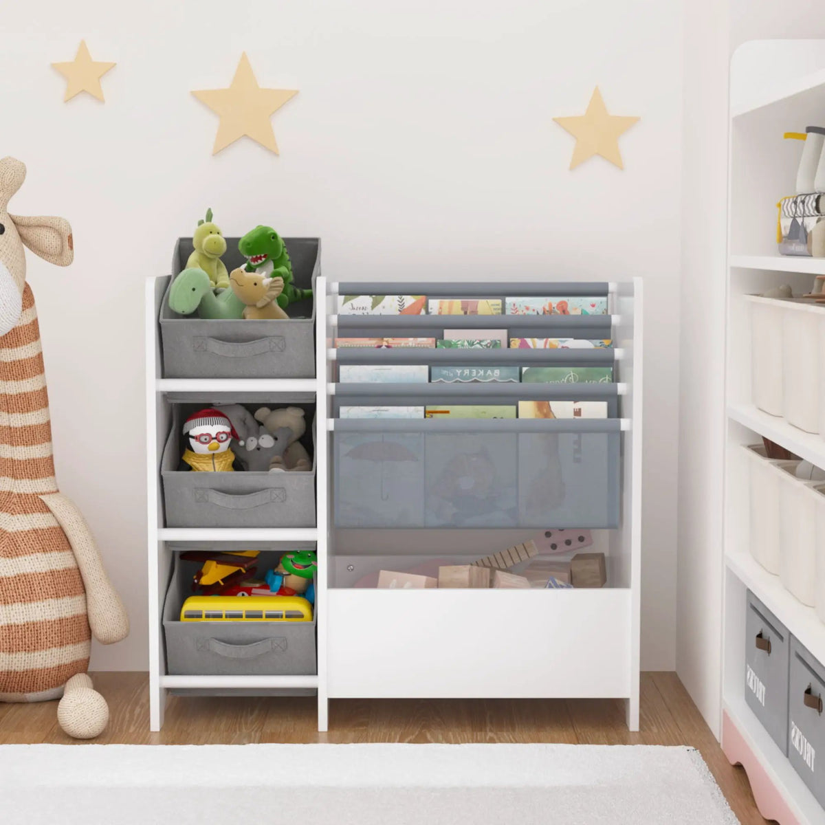 4 Tier Bookshelf | 3 Collapsible Fabric Drawers | White