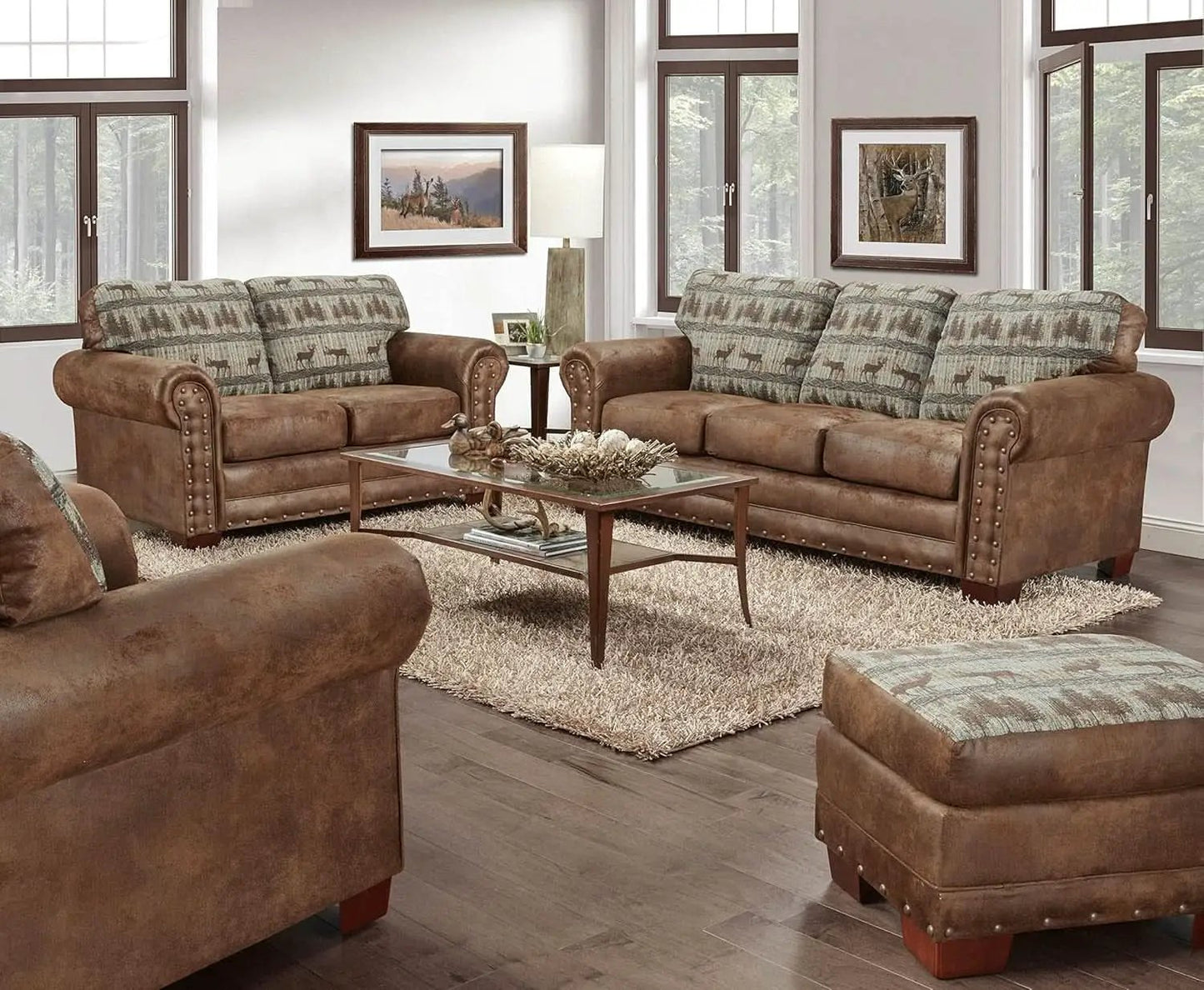4 Piece Living Room Set Brown Leather Look Microfiber Lodge Style from PriceLows™