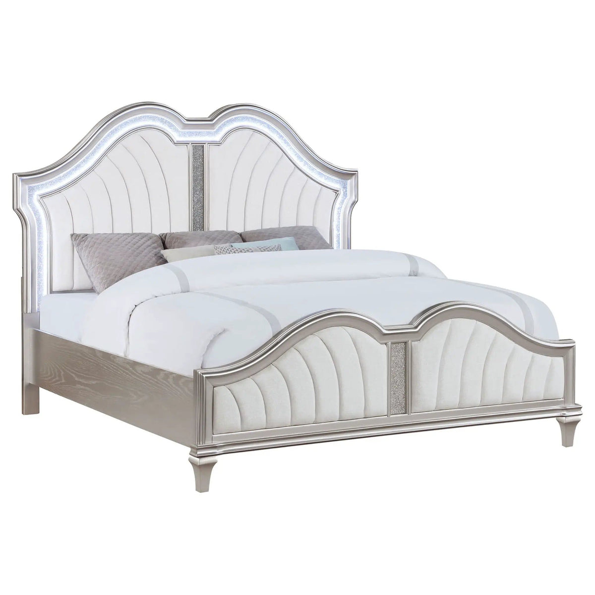 Evangeline Wood Eastern King LED Panel Bed Silver | 85.75 x 88.25 x 66.5 in | Chenille & Wood | Oak