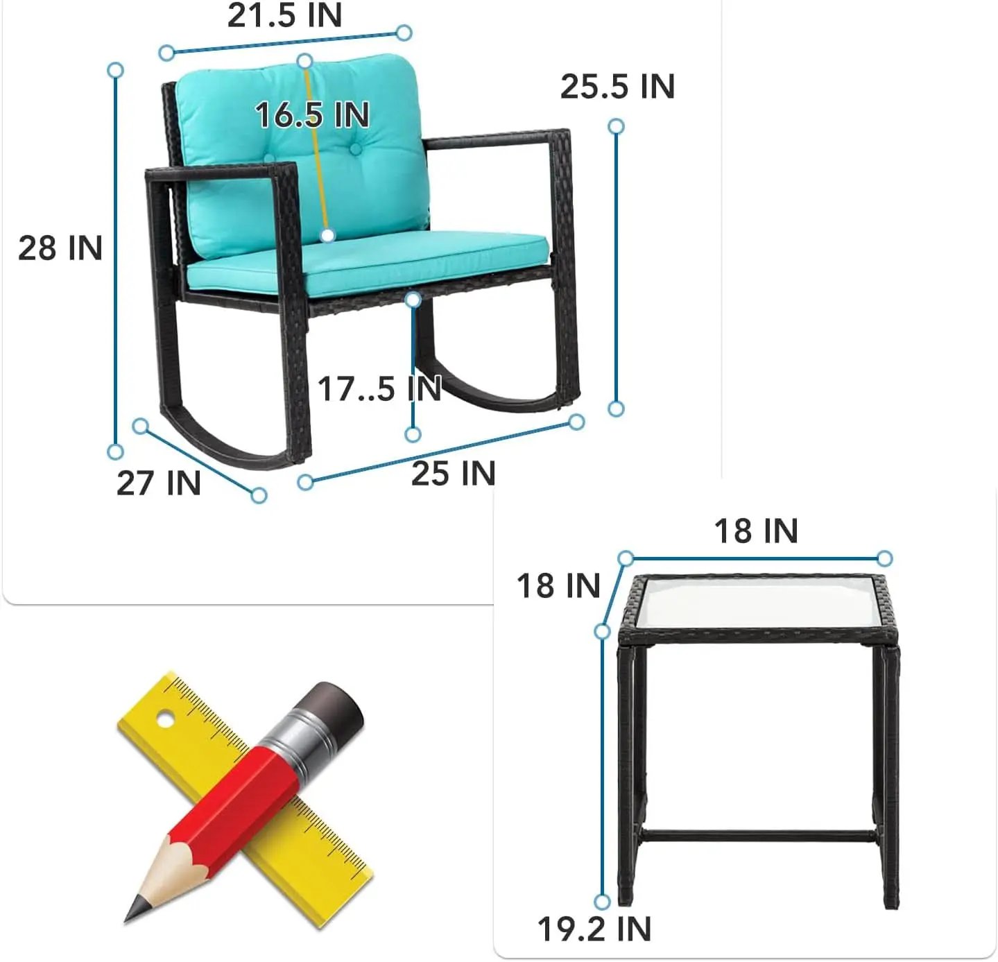 Outdoor Rattan Rockers Set With Glass Table Blue Cushions from PriceLows™