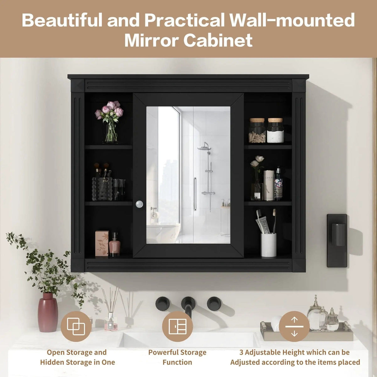 Wall-Mounted Bathroom Storage Cabinet With Mirror, 6 Open Shelves - | 35 x 7.1 x 28.7 in | Metal & Mdf | Black