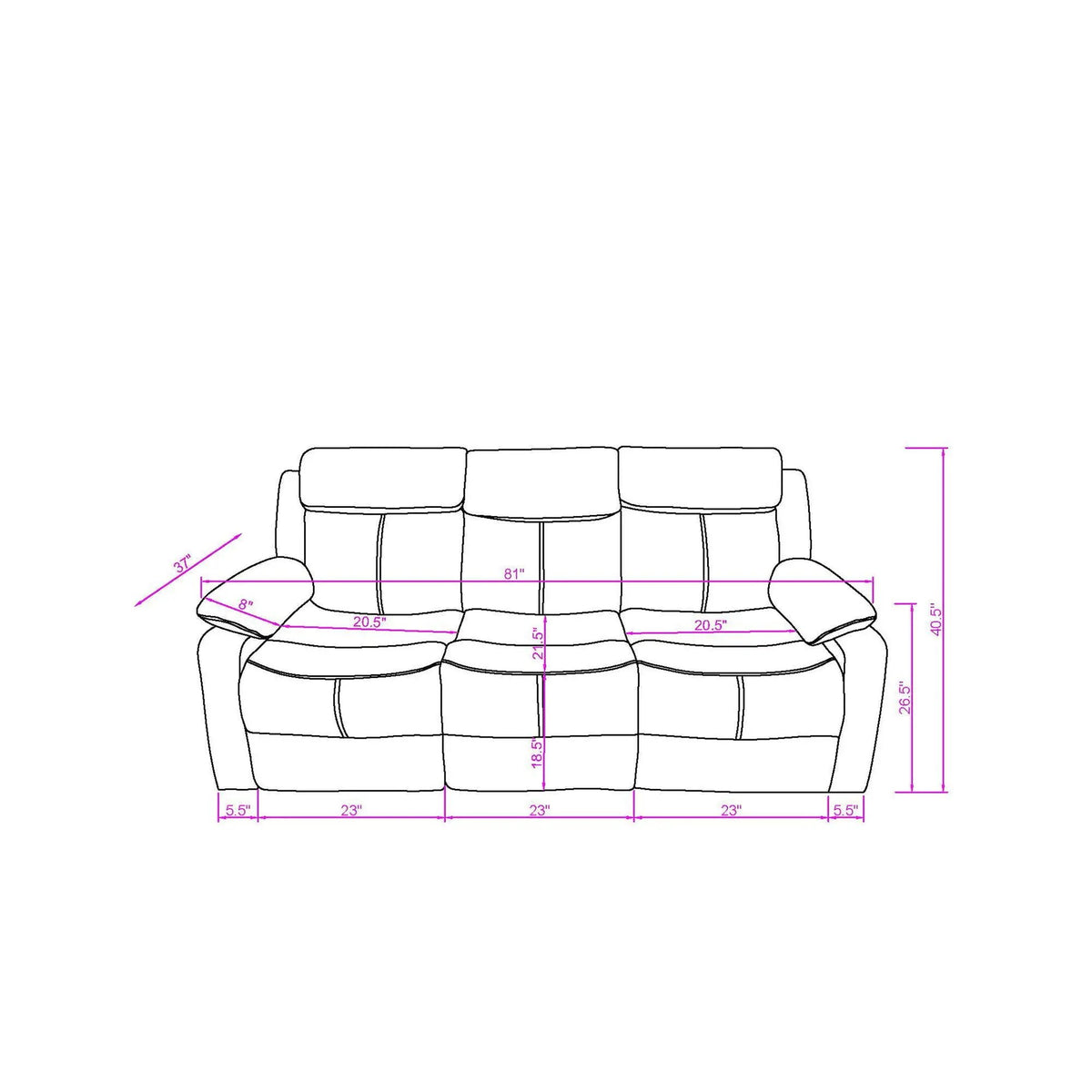 Blanche Reclining Sofa | Integrated LED Lights | Manual Recline | Pillow Top Arms