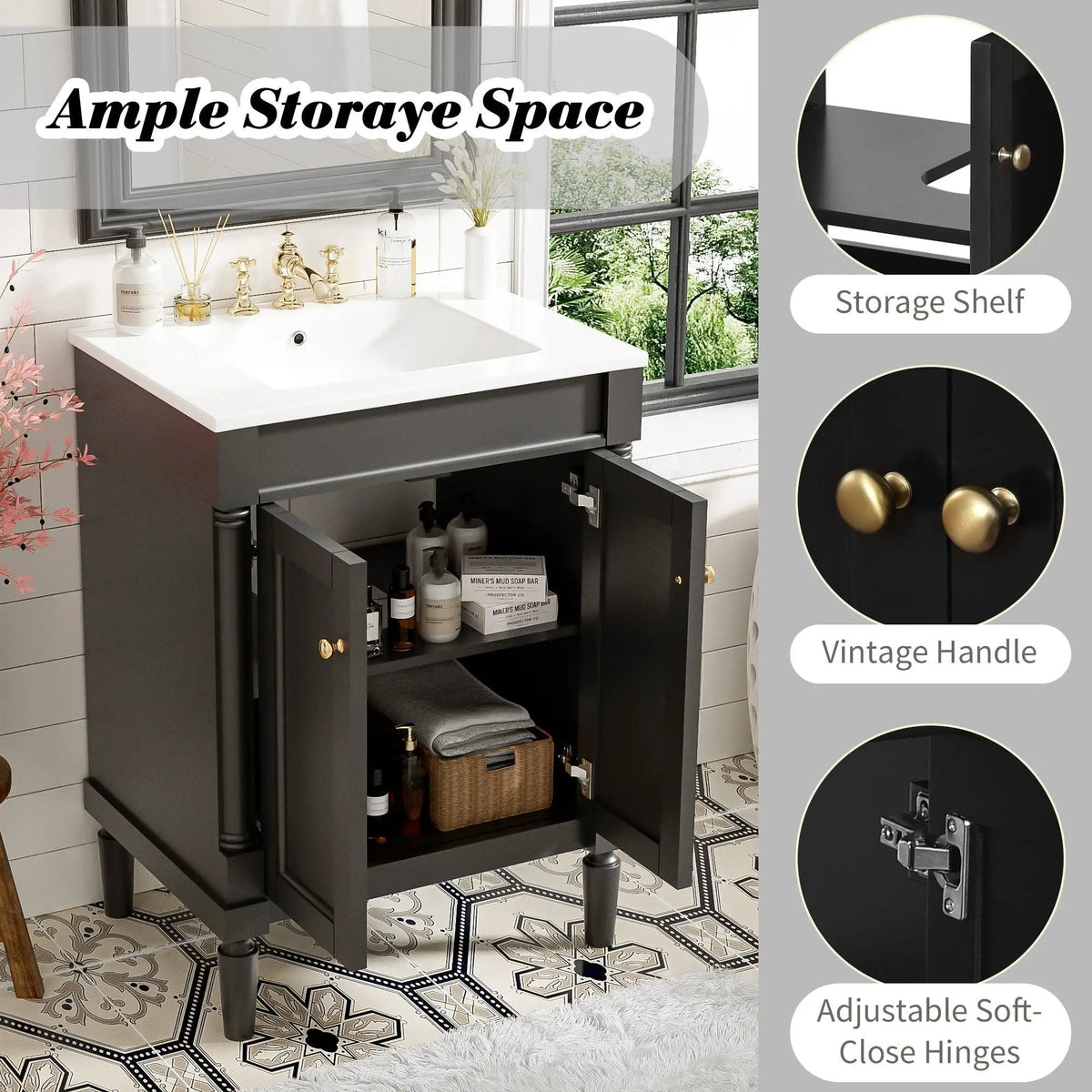 24 Inch Bathroom Vanity With Top Sink | 2 Tier Storage Cabinet | Retro Metal Handles | Soft-Closing Hinges