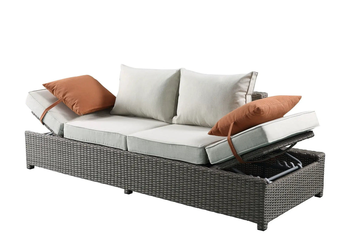Salena All Weather Wicker Patio Sofa & Ottoman With 2 Toss Pillows 2 Piece Outdoor | 31 x 83 x 26 in | Polyester & Fabric | Gray / Beige