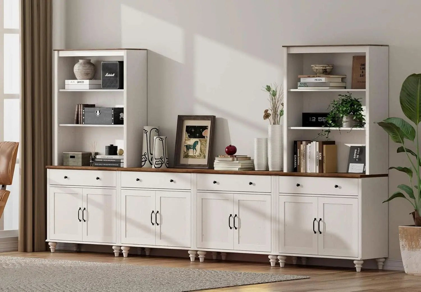 Farmhouse TV Stand For 75 Inch TV Off White 8 Doors from PriceLows™