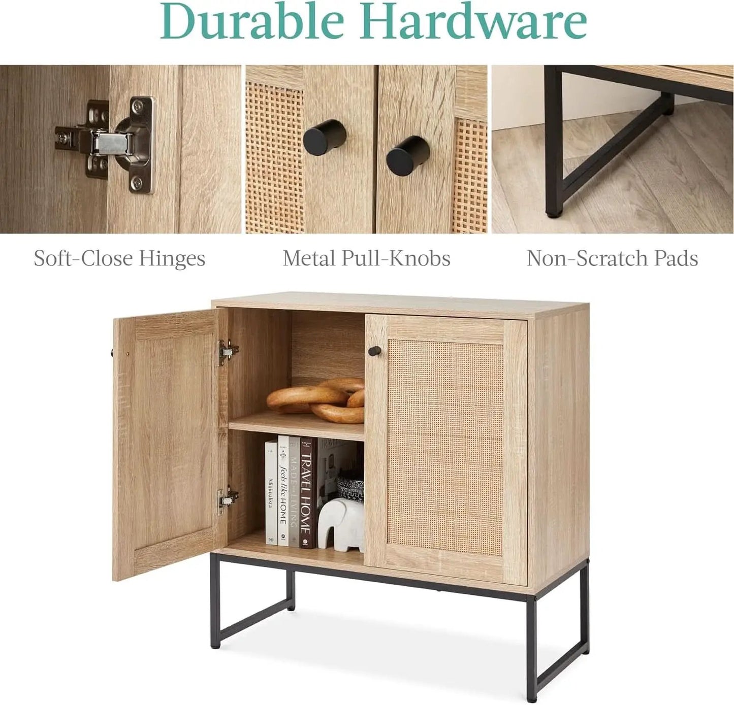 Two Door Rattan Storage Cabinet Natural Finish With Non Scratch Foot Pads For Living Room Hallway Kitchen from PriceLows™