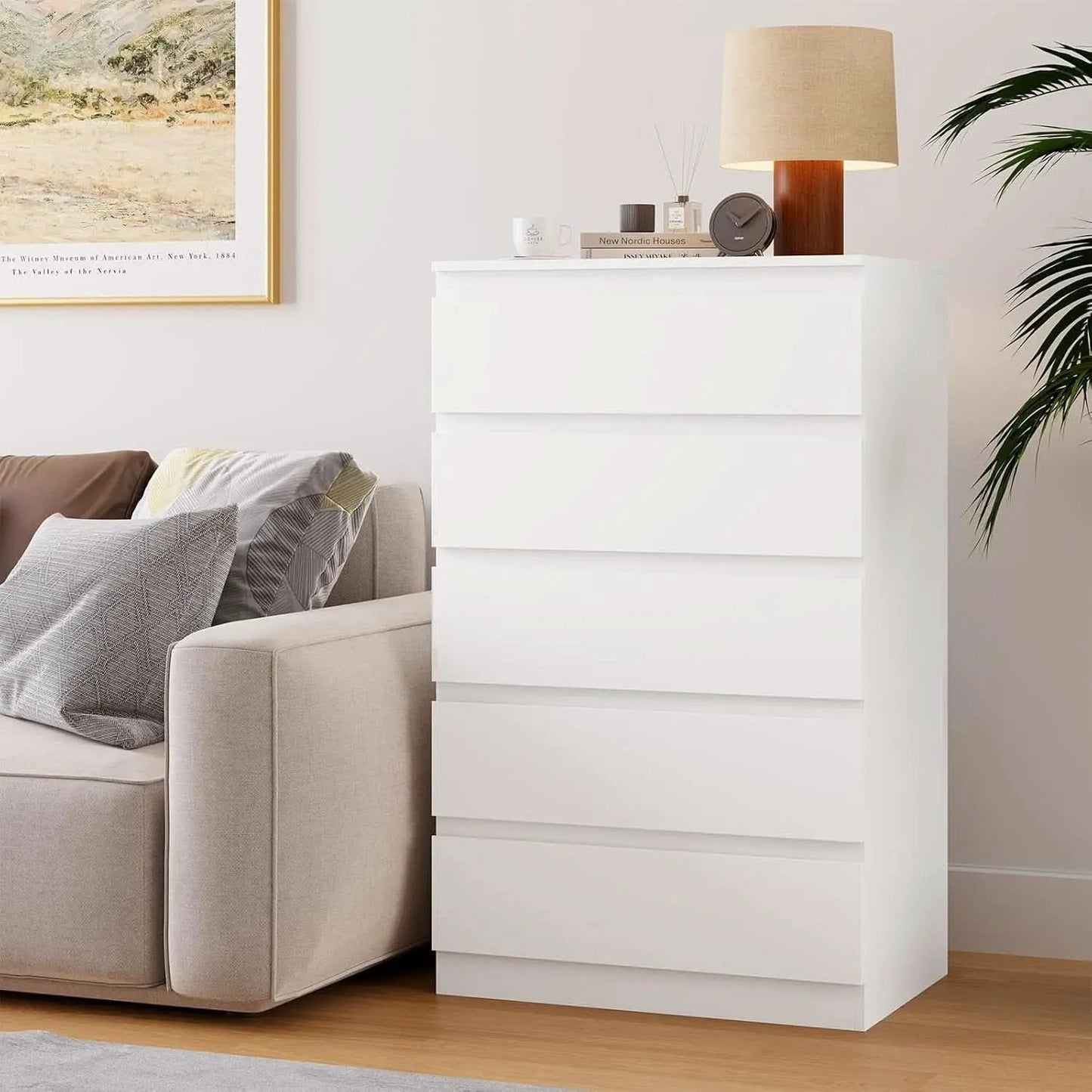 White Contemporary Solid Wood Dresser Five Drawers from PriceLows™
