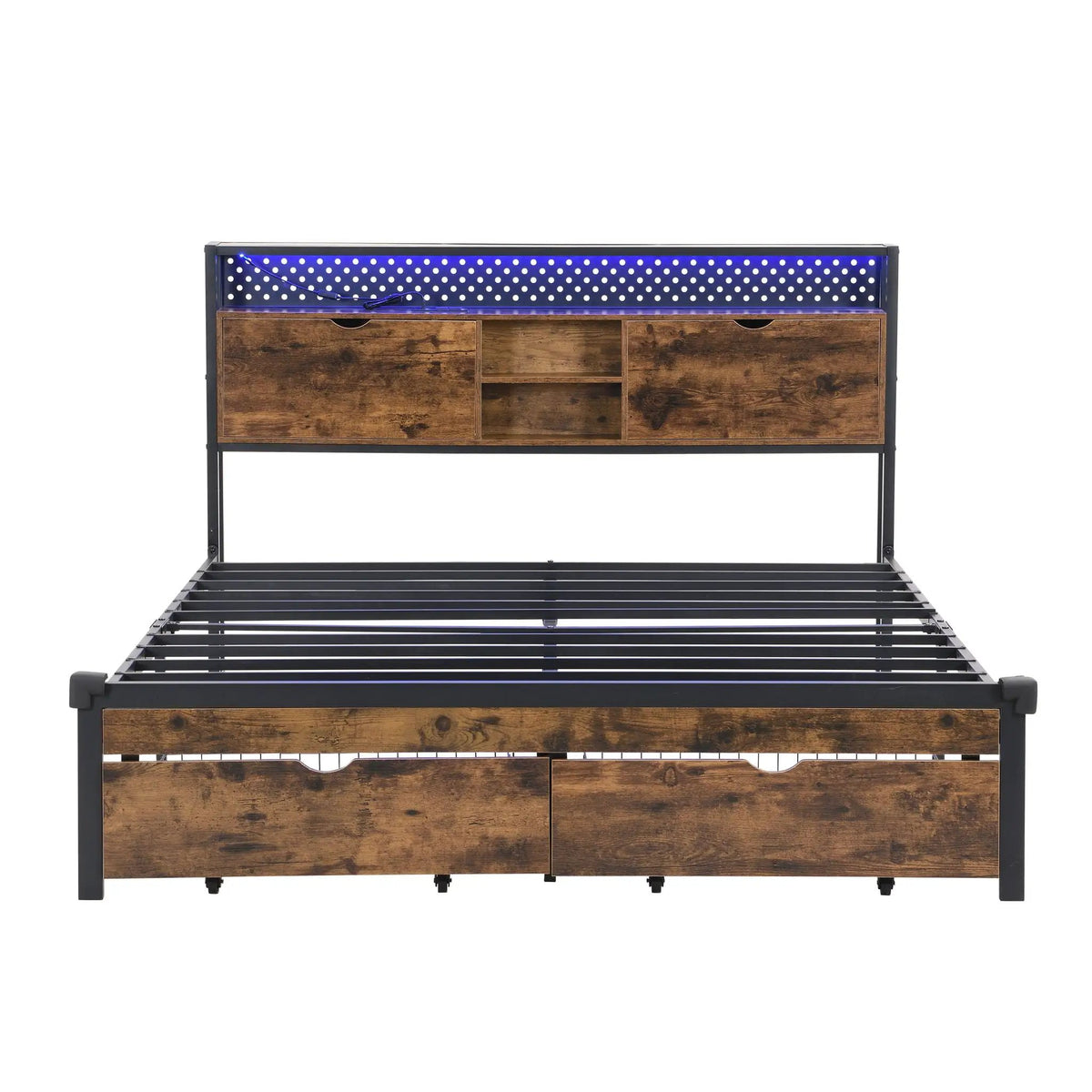 Metal Platform Bed Frame | Wooden Headboard | USB LED Storage