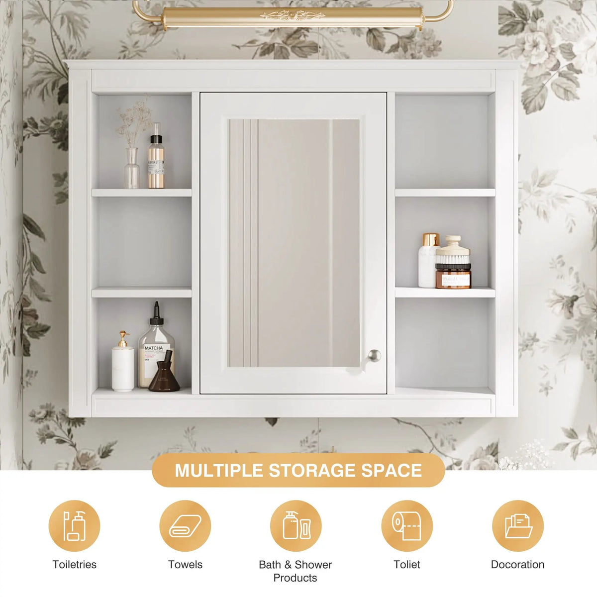 Wall Mounted Medicine Cabinet | Adjustable Interior | 6 Open Shelves