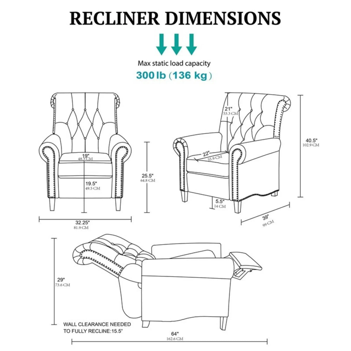 Aidan Push Back Recliner Chair | Tufted Back | Nailhead Trim | Cream